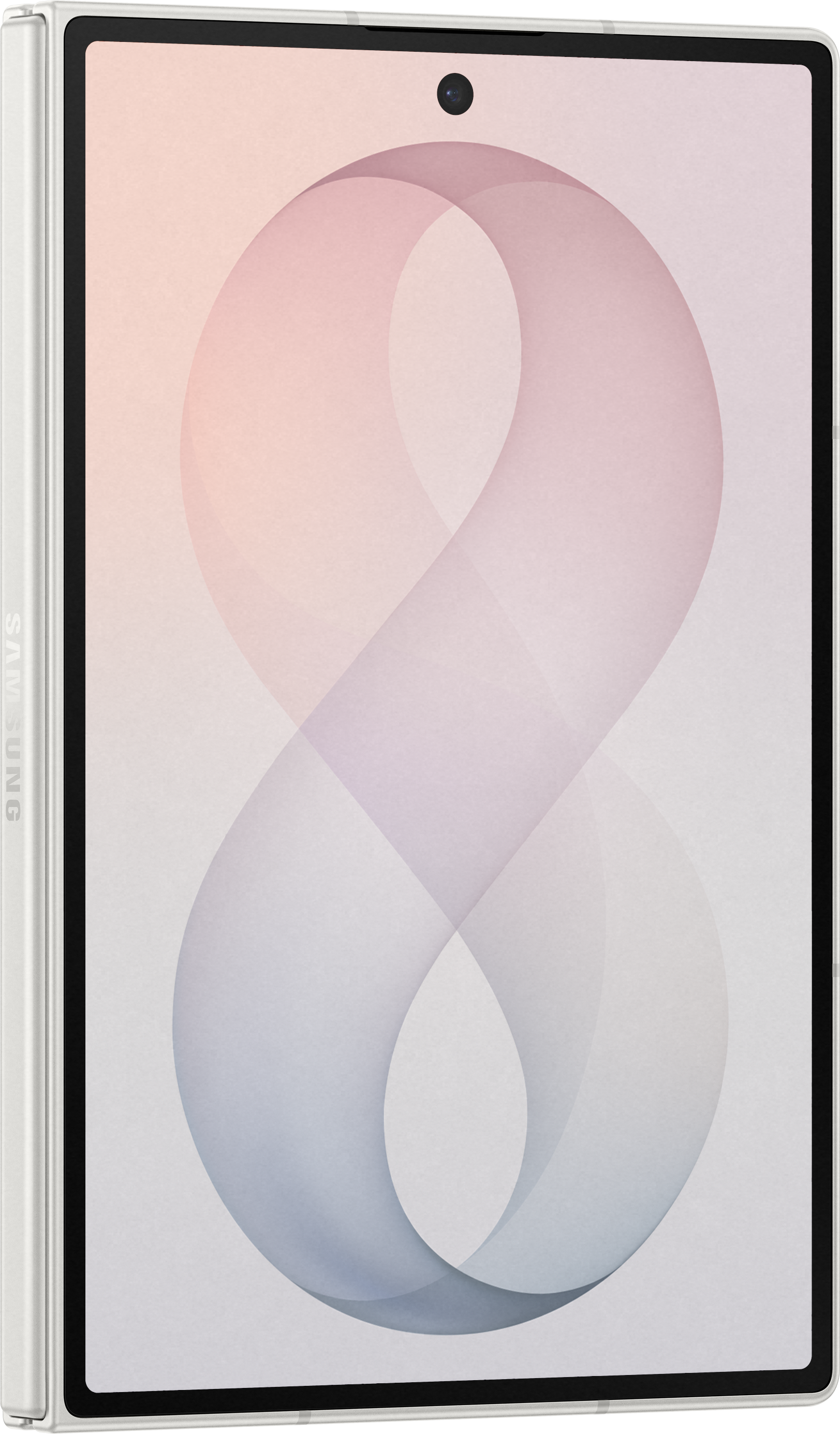 Ein silbernes Samsung Tablet mit einem achtförmigen Muster in Pastelltönen.