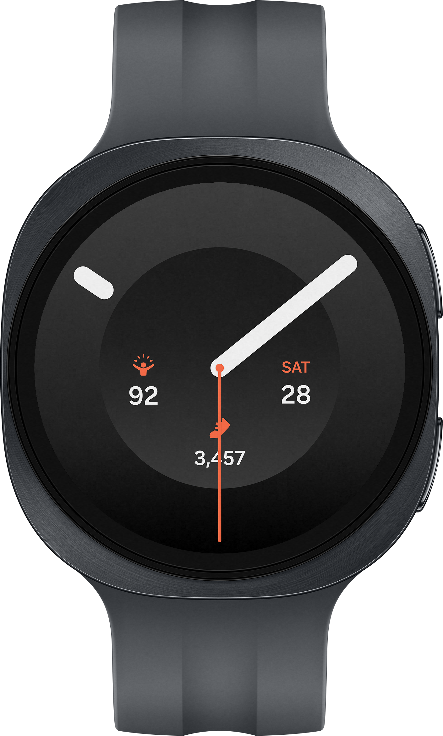 Montre connectée grise avec cadran sombre affichant date, pas et icône lumineuse.