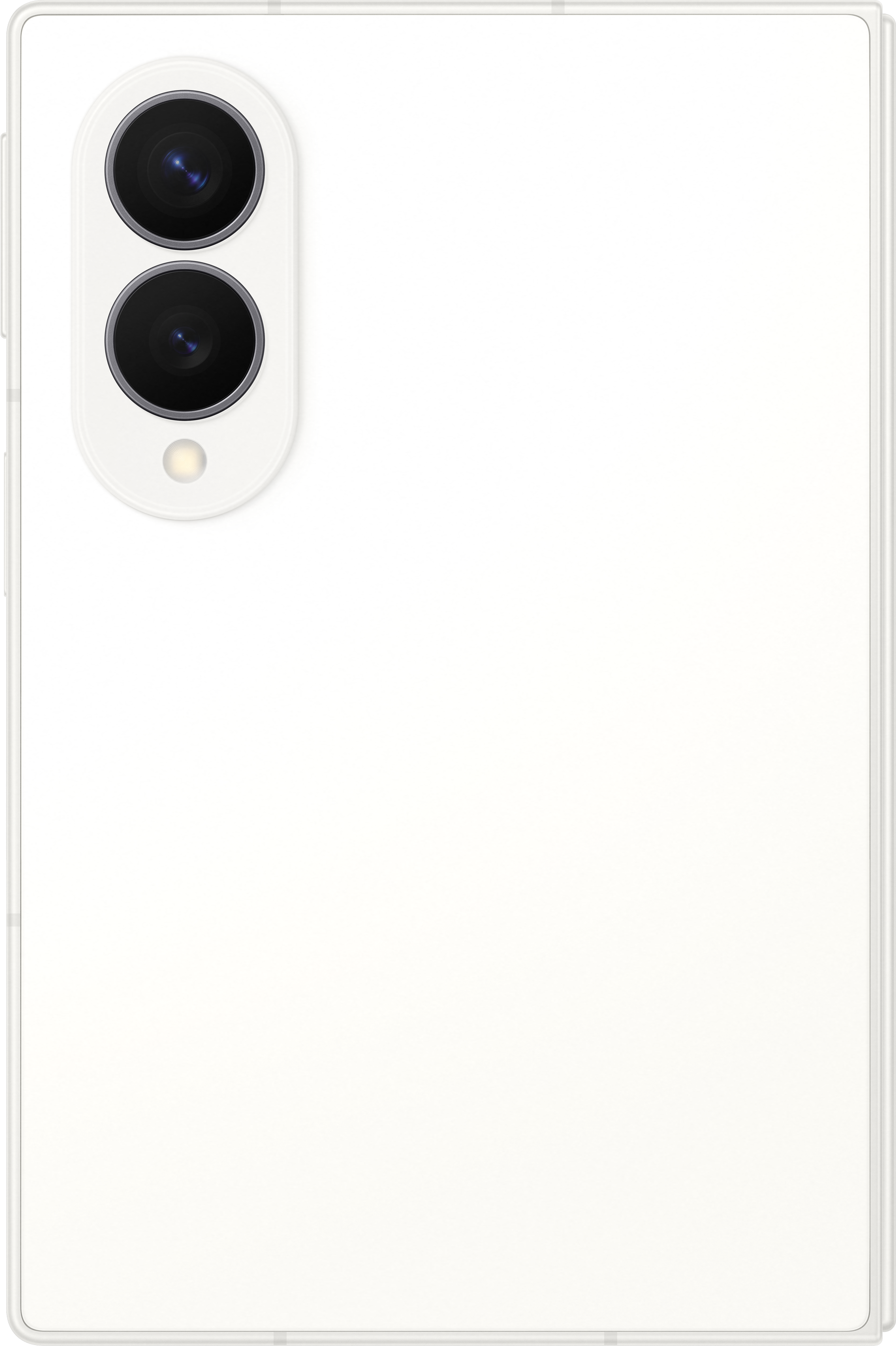 Weiße Rückseite eines Smartphones mit zwei Kameralinsen und Blitz.