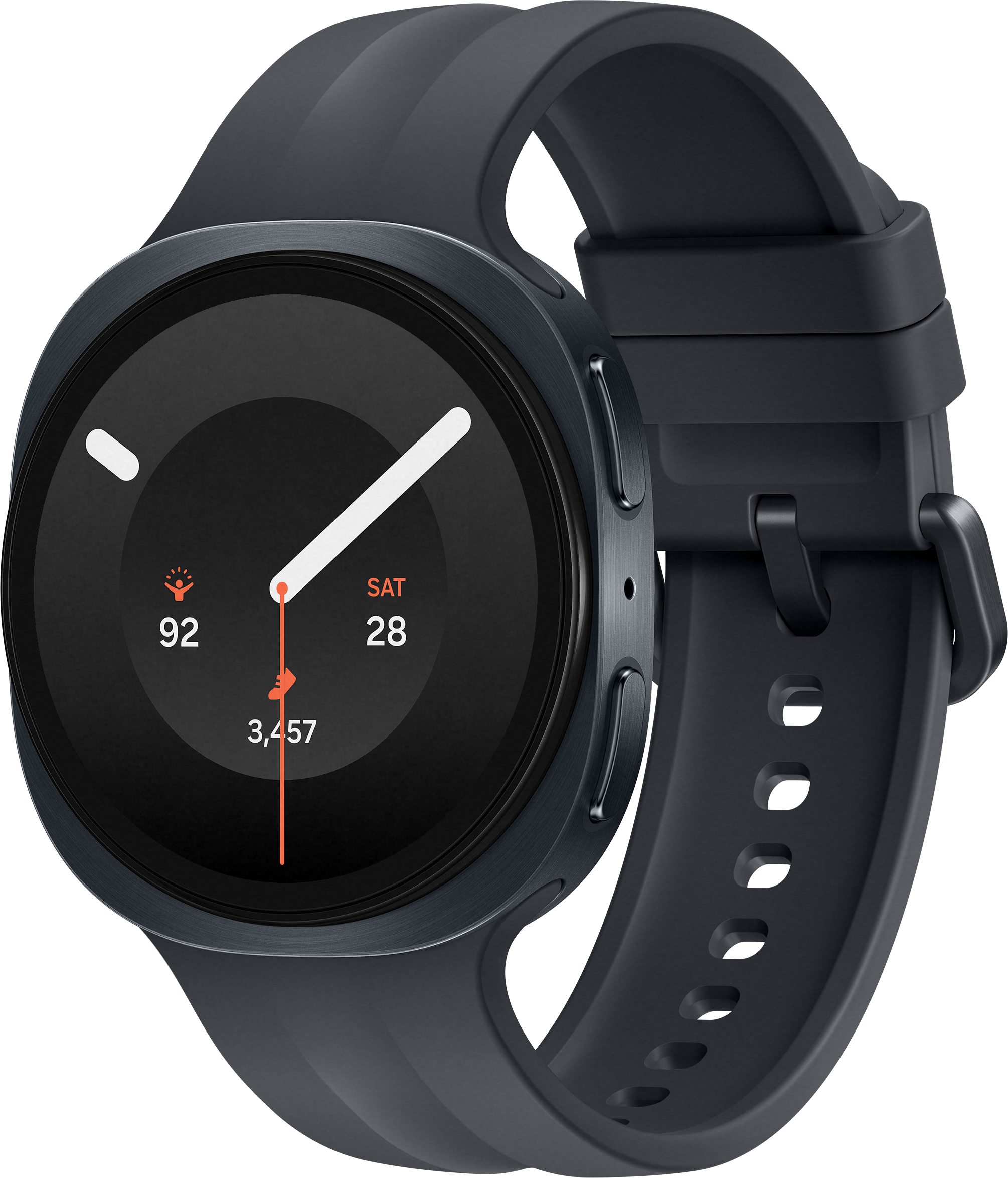 Une montre connectée foncée avec boîtier argenté et bracelet noir. Affiche 92, 3 457 pas et SAM 28.
