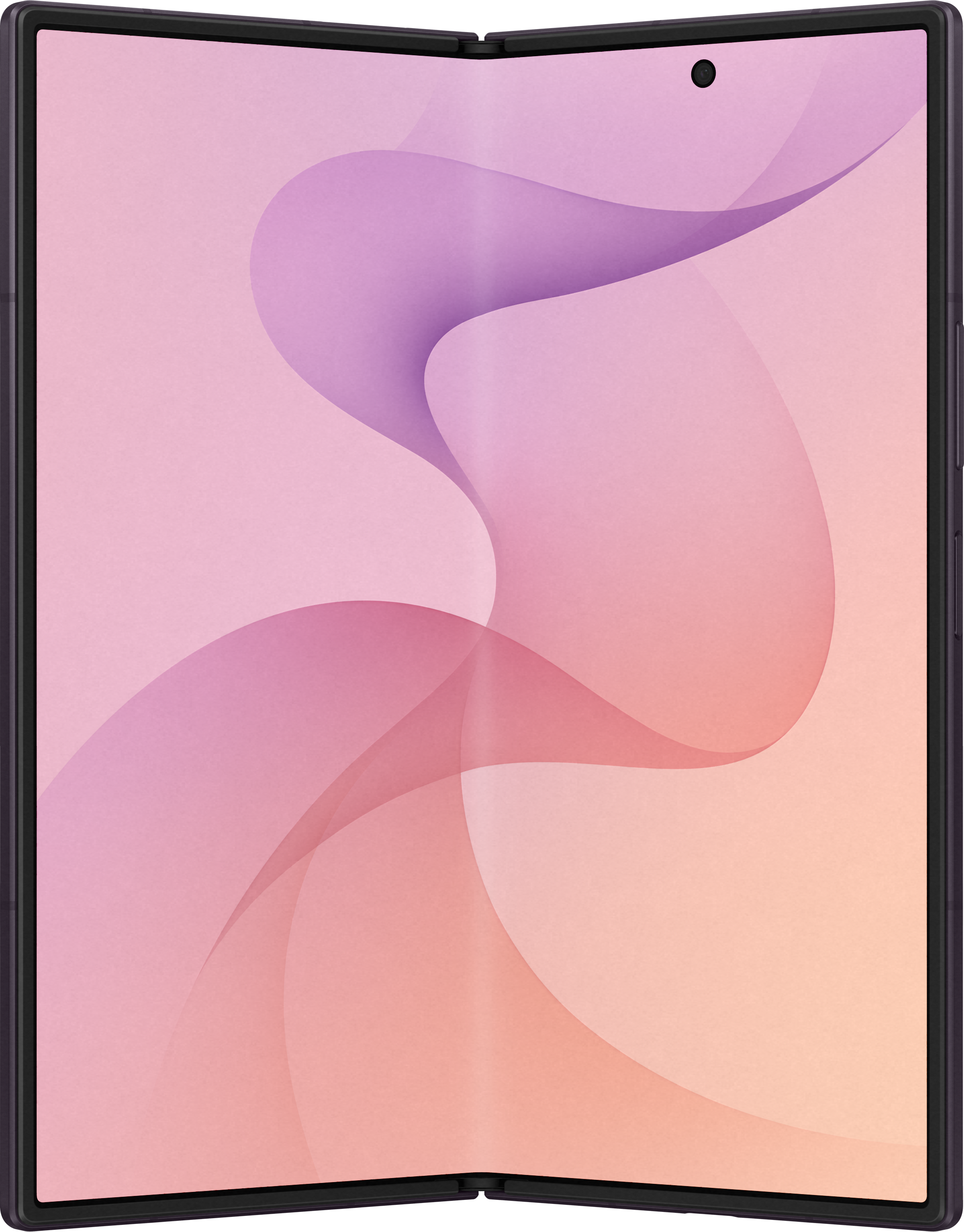Ein offenes faltbares Smartphone mit einem lila und orangefarbenen Hintergrund.