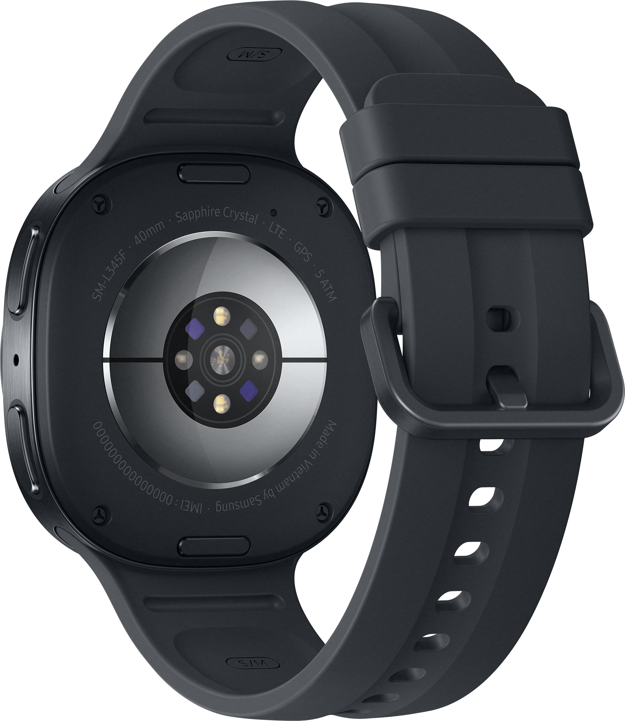Arrière d'une montre connectée gris foncé avec capteurs et bracelet noir.