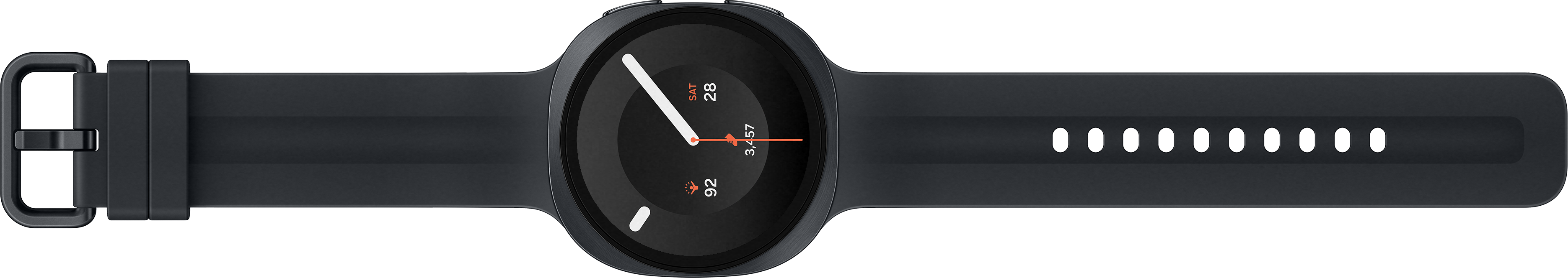 Une montre connectée foncée avec bracelet noir, affichant l'heure et la date.