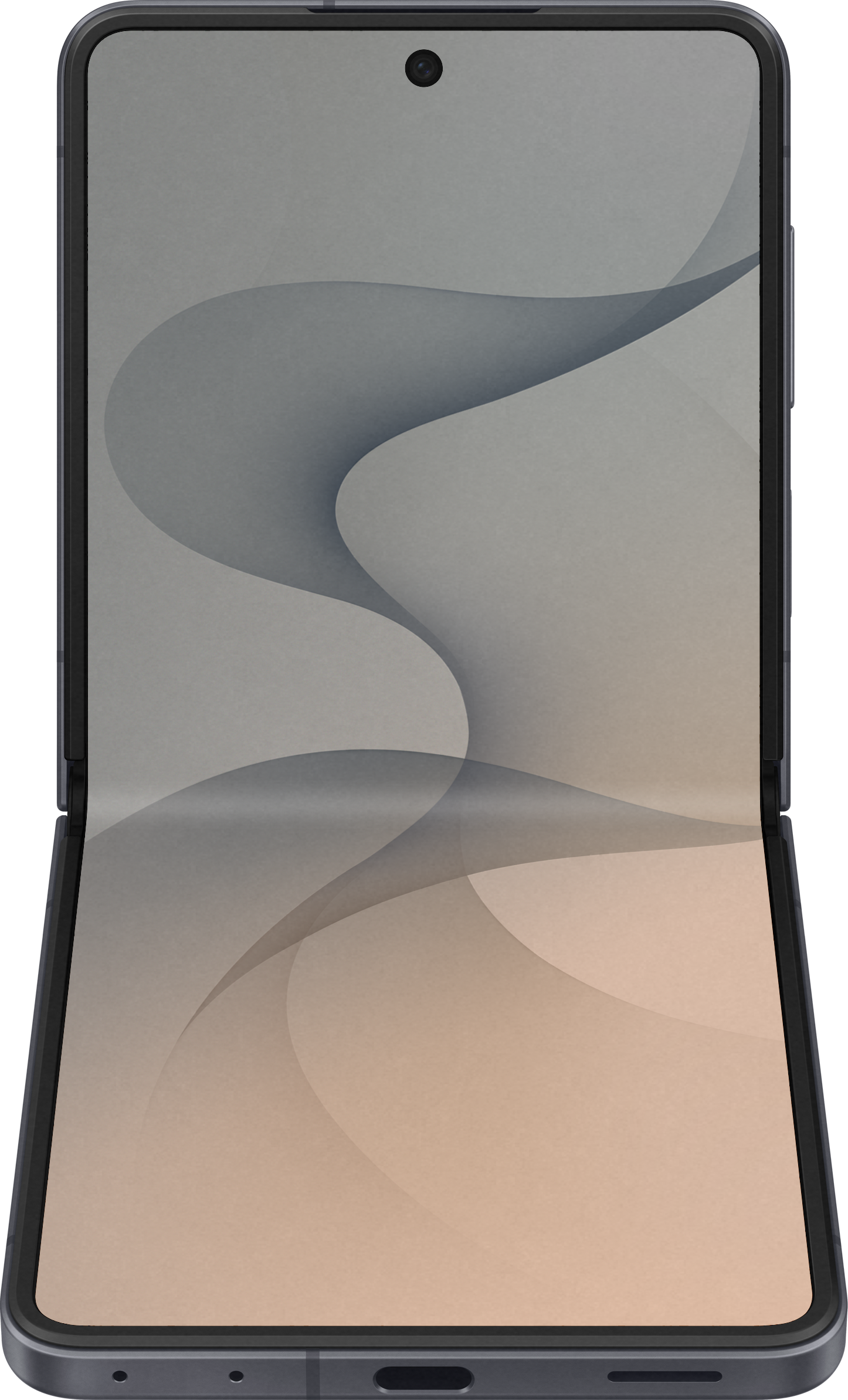 Ein aufgeklapptes Smartphone mit einem abstrakten, geschwungenen Hintergrund in Grau- und Beigetönen.