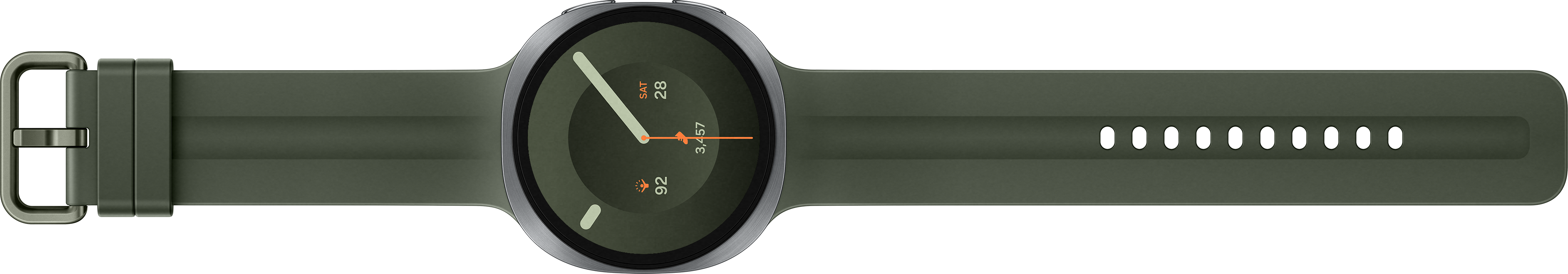 Une montre connectée vert foncé avec lunette et bracelet argentés.