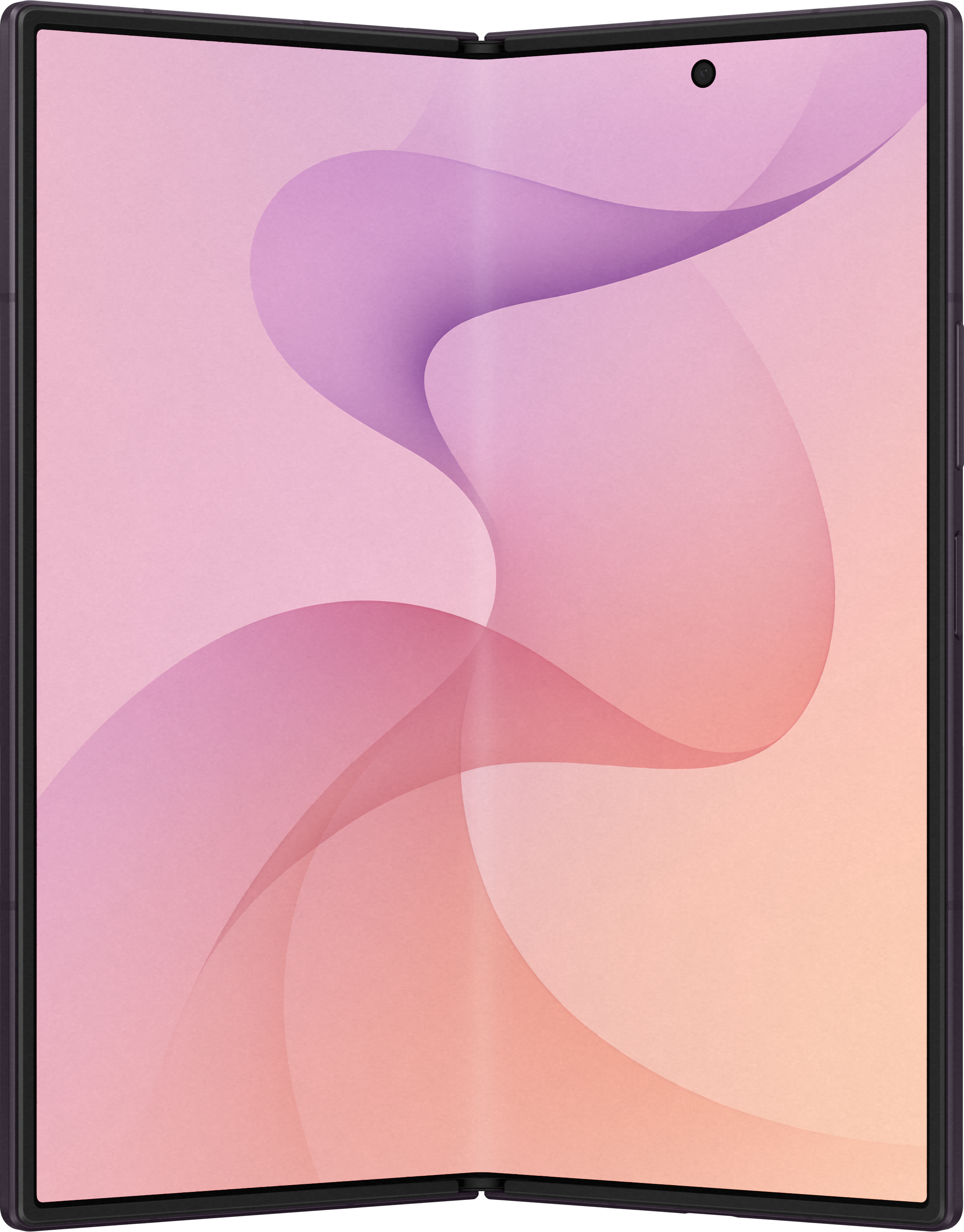 Ein faltbares Smartphone mit rosa-violetter Wellen-Tapete, Frontkamera oben.