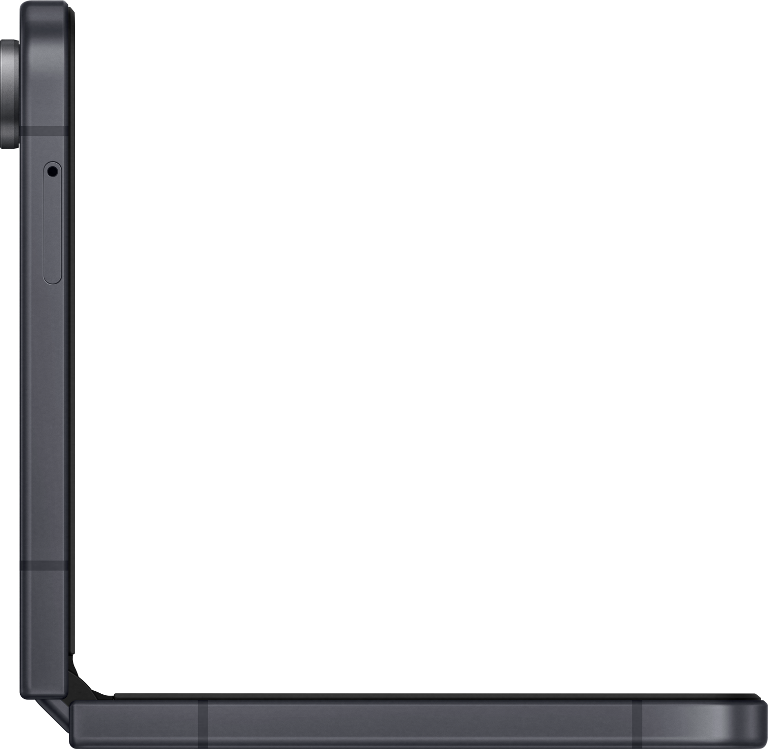 Dunkelgraues Smartphone im L-Format auf weißem Hintergrund.