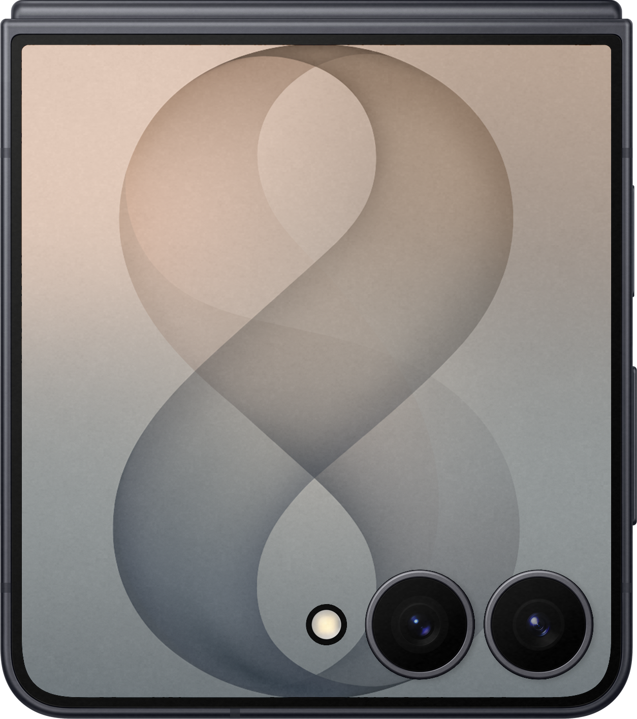 Ein Smartphone mit einer achtförmigen Grafik und zwei Kameras.