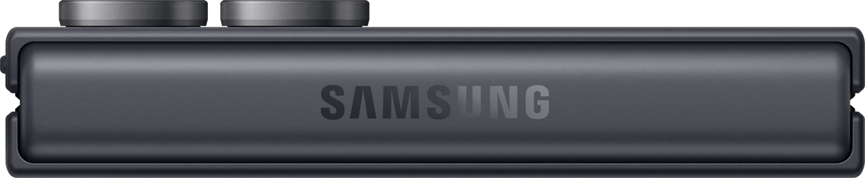 Dunkelgraues Samsung-Smartphone-Gehäuse mit zwei Knöpfen oben und dem Samsung-Logo.