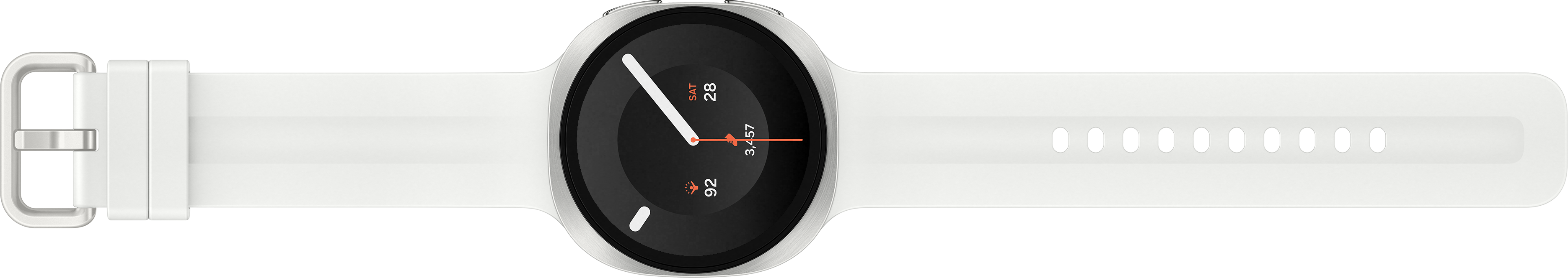 Montre connectée blanche avec lunette argentée et écran noir.