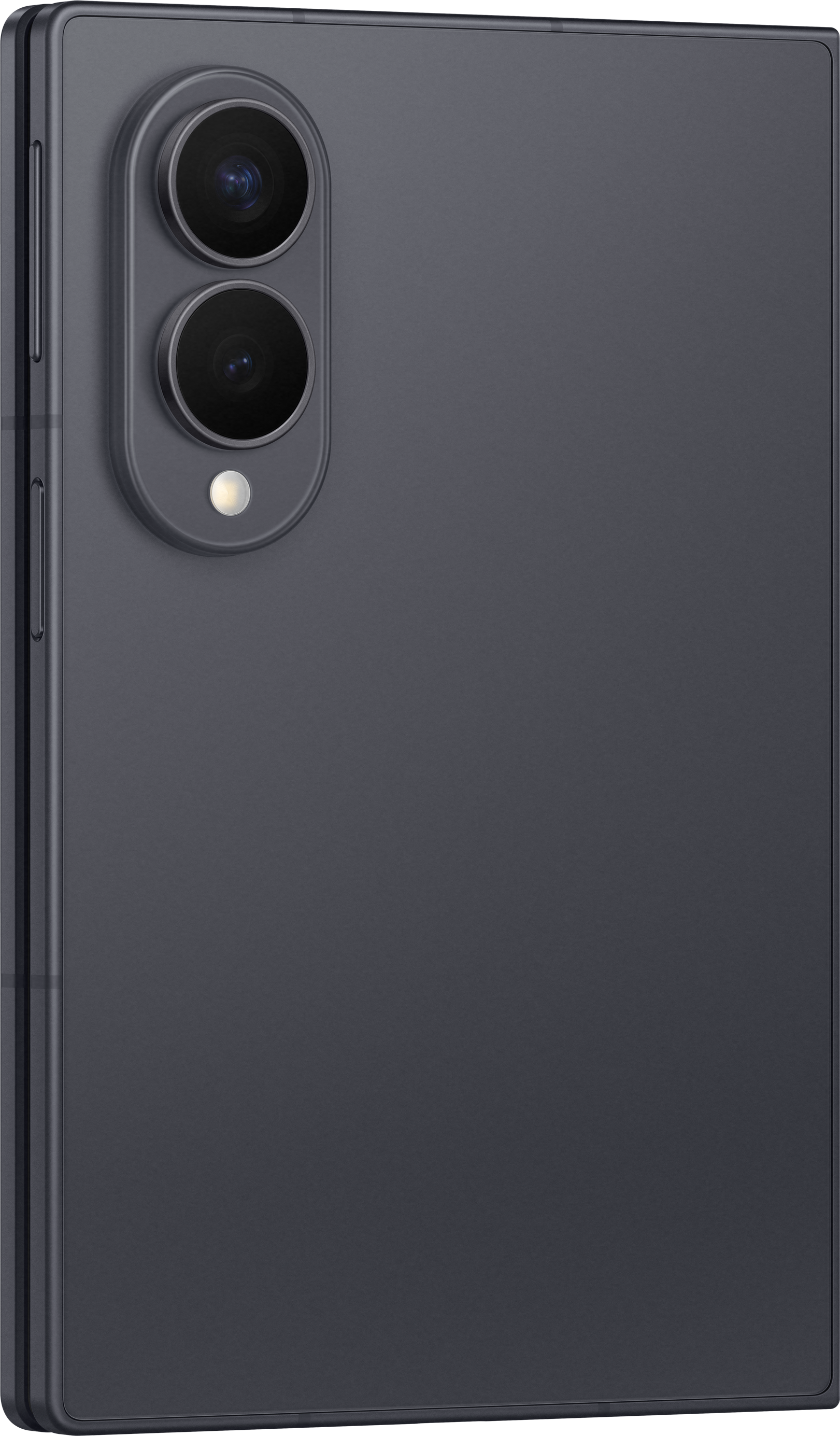 Rückseite eines dunklen Smartphones mit drei Kameralinsen und Blitz.