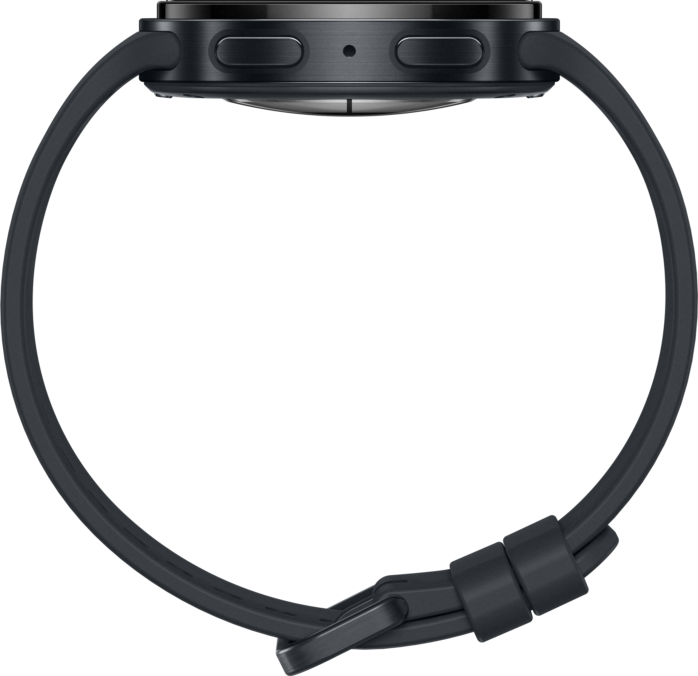Une montre connectée sombre avec bracelet noir, vue de côté.