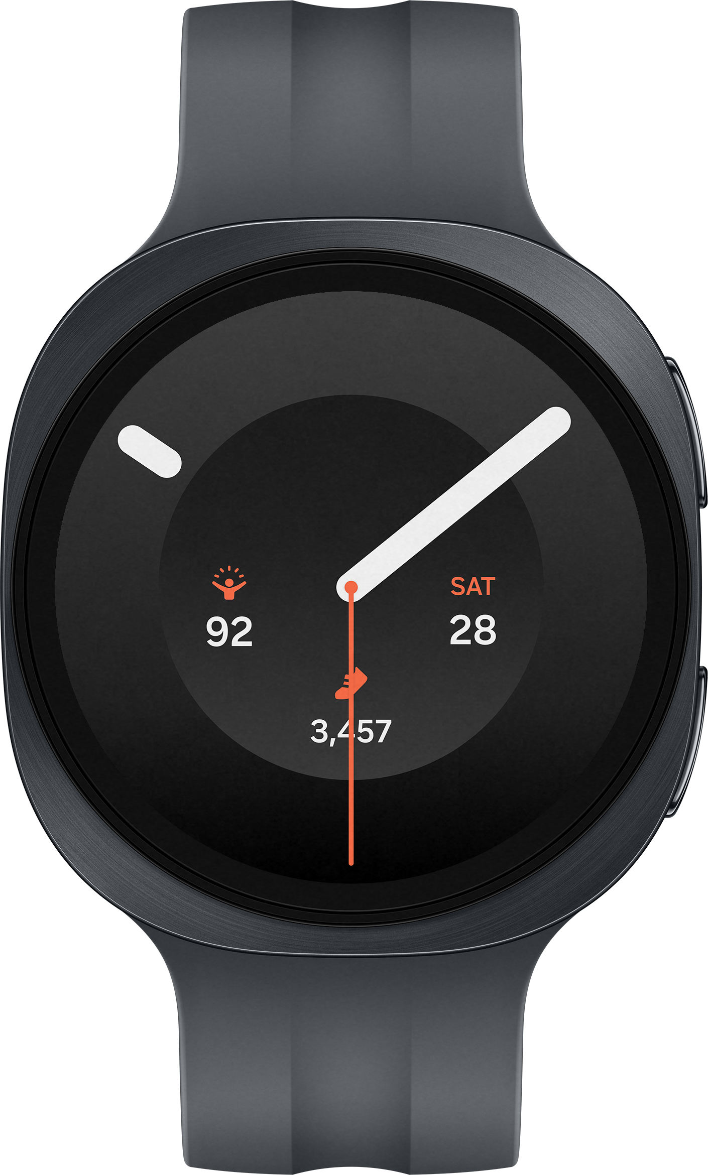 Une montre connectée gris foncé avec cadran noir indiquant date, pas et indicateur de lumière.
