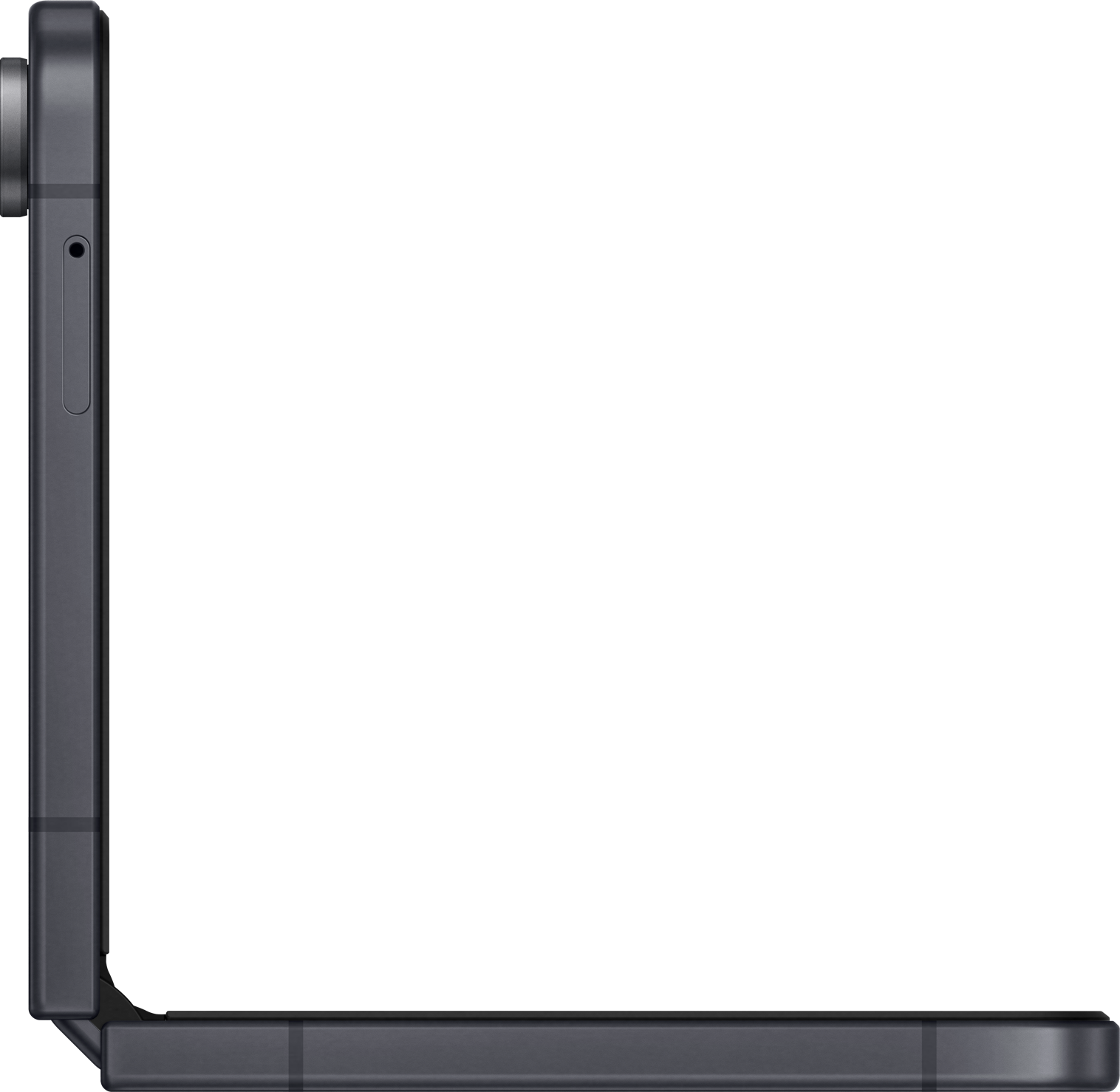 Dunkelgraues faltbares Smartphone im L-Format auf weißem Hintergrund.