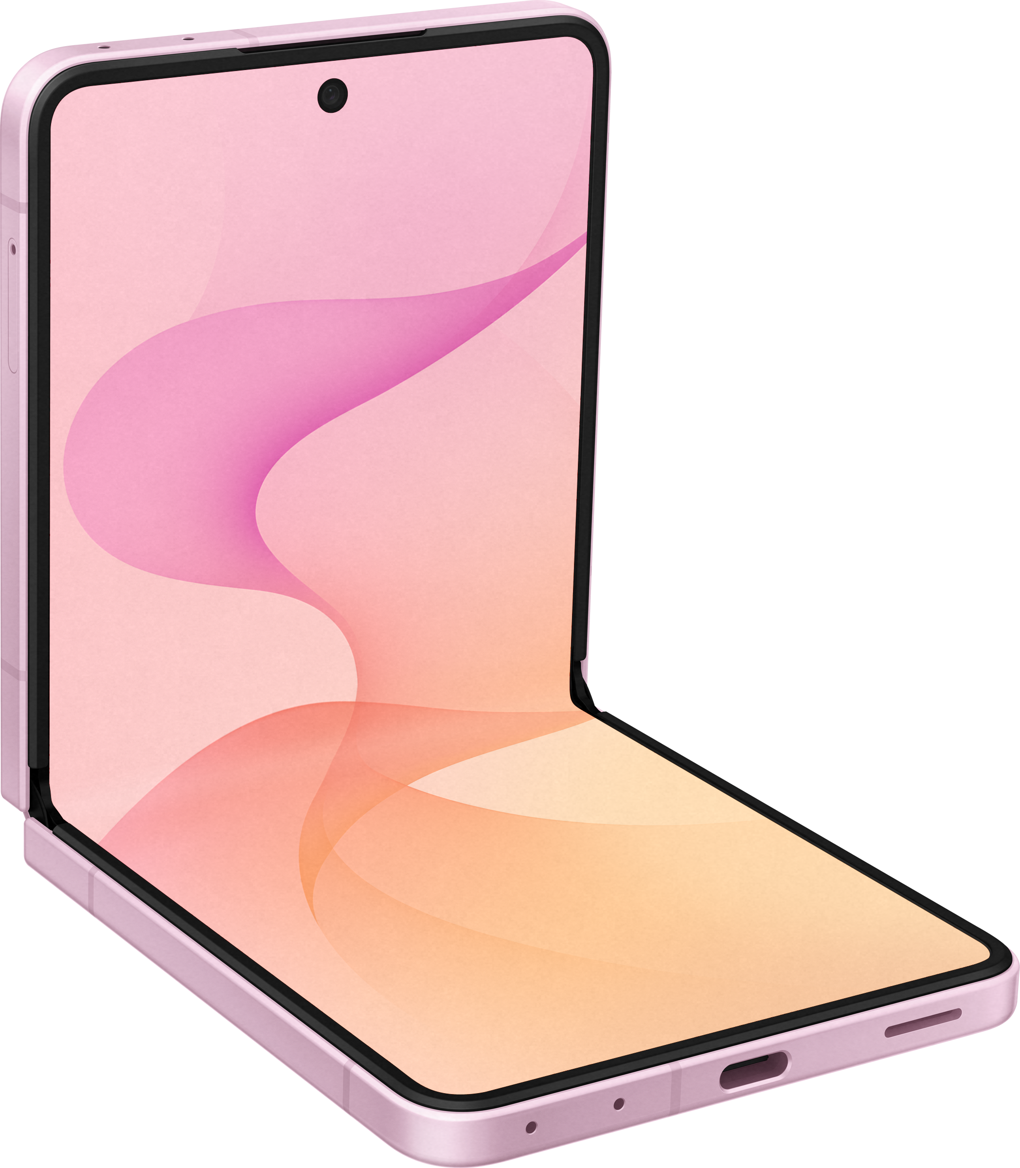 Ein hellrosa faltbares Smartphone mit geöffnetem Display, das ein abstraktes Muster zeigt.