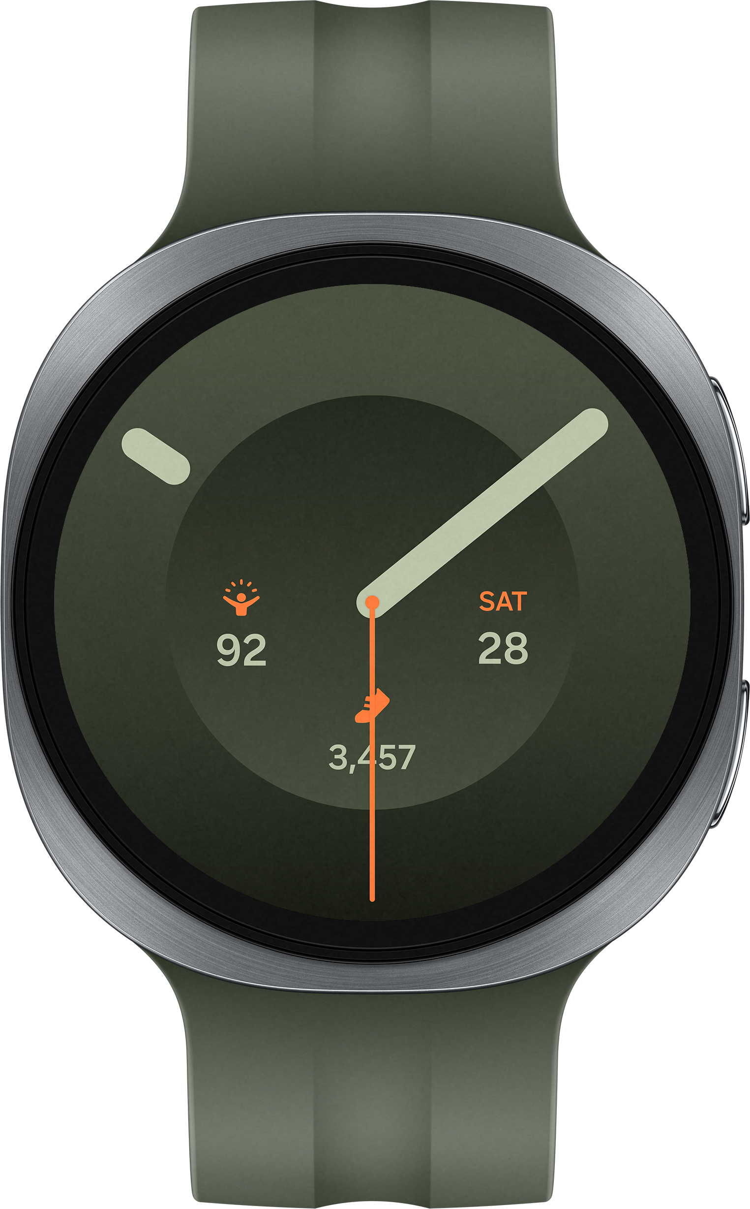 Montre connectée verte avec boîtier argenté, affiche 92, 3.457 pas et Sam 28. Accents orange.