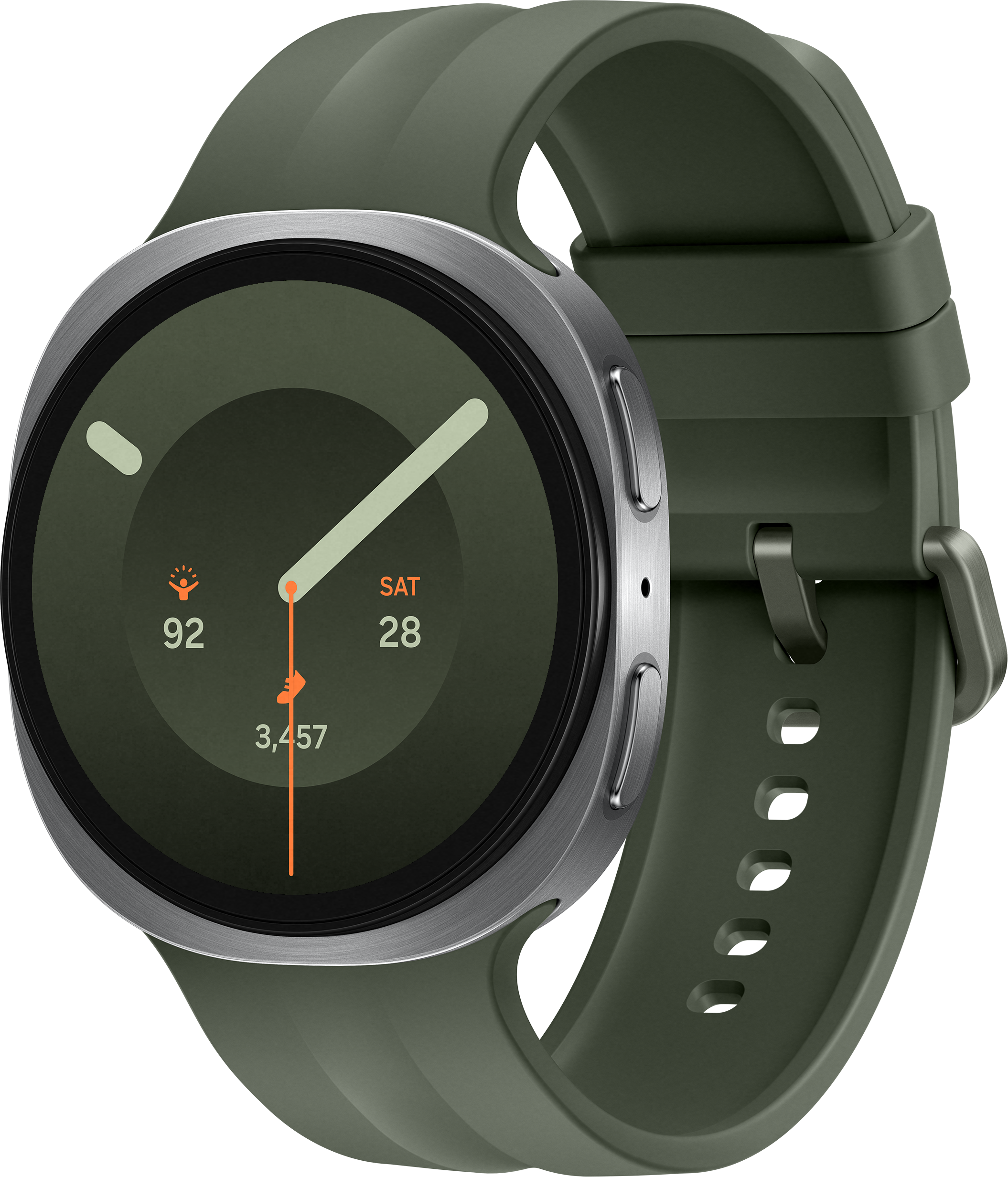 Une montre connectée verte avec boîtier argenté et cadran sombre.