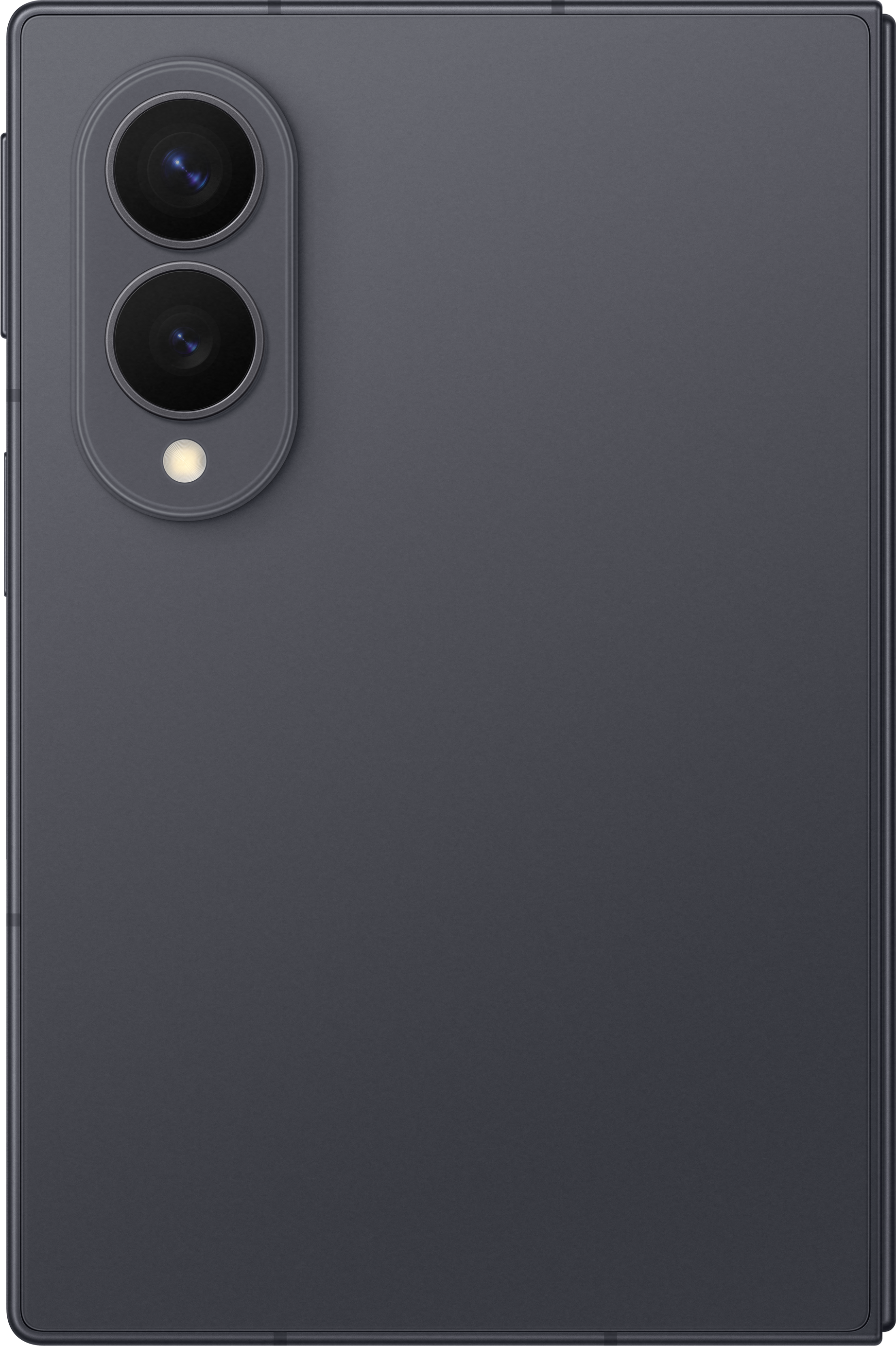 Dunkelgraues Smartphone mit zwei Kameralinsen und Blitz.