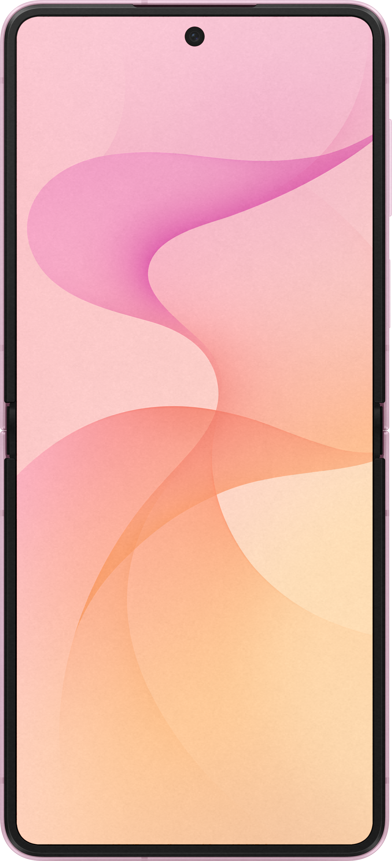 Ein rosa Smartphone zeigt einen abstrakten Hintergrund mit sanften Wellen in Rosa und Orange.