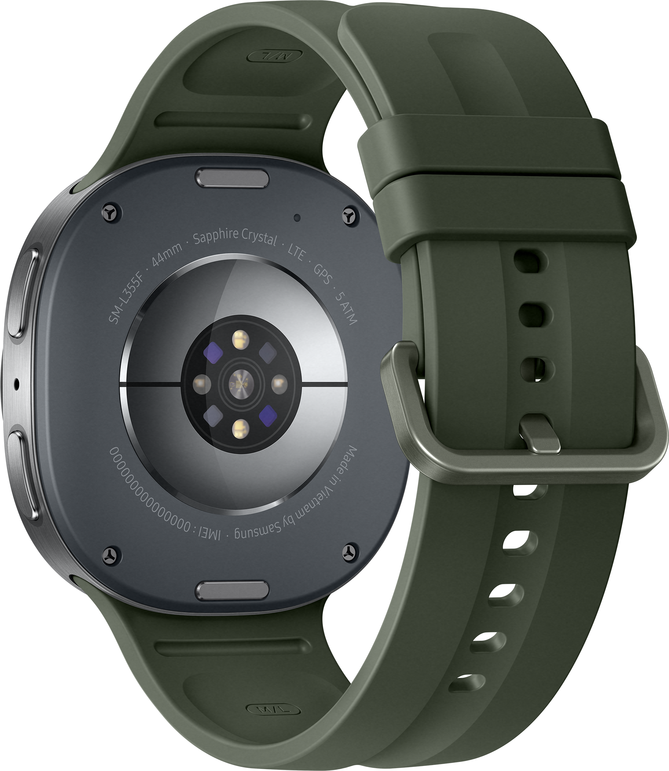 Dos d'une montre connectée verte avec capteurs et bracelet.