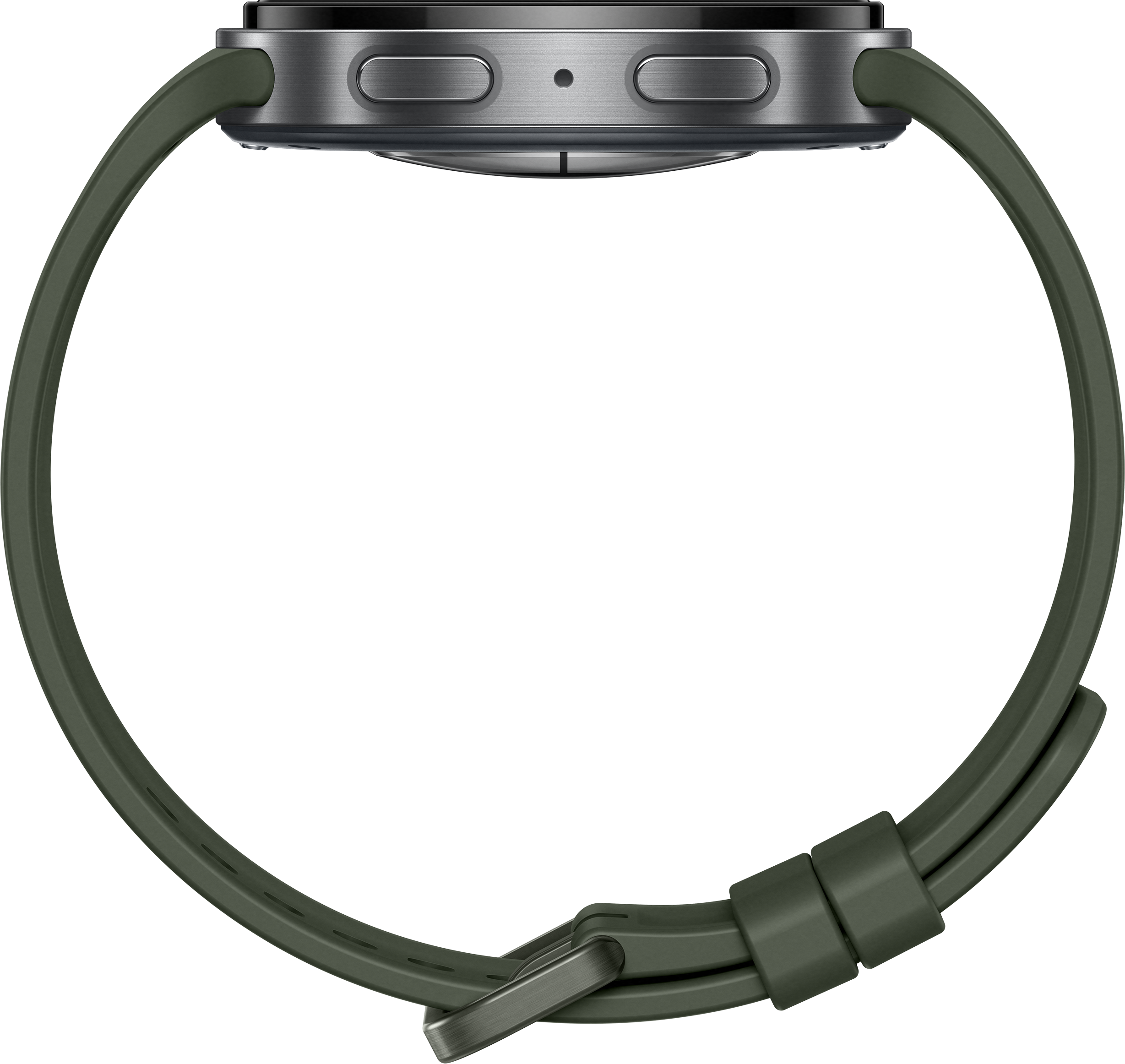 Montre connectée grise avec bracelet vert et boutons argentés sur fond noir.