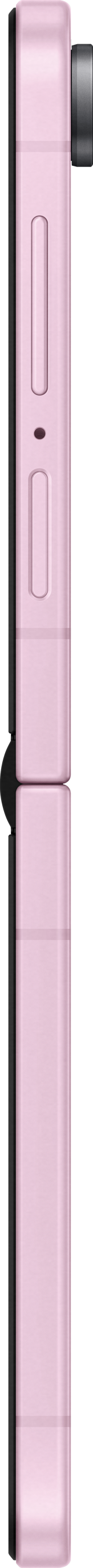Ein geschlossenes rosa Klapphandy mit schwarzen Akzenten.