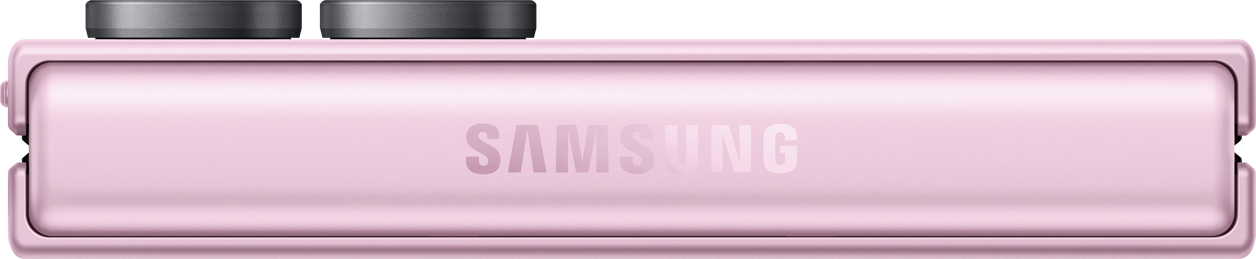 Ein rosafarbenes Samsung-Telefon mit zwei grauen Knöpfen oben.