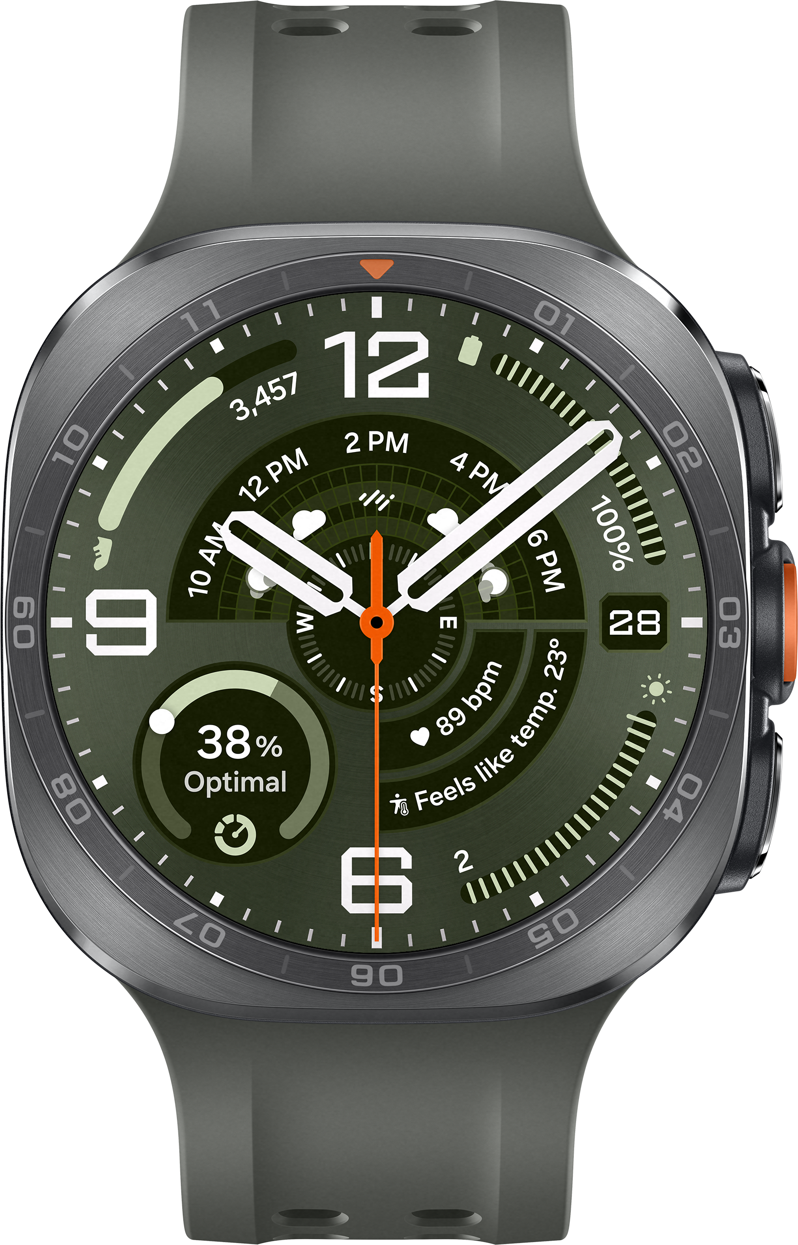 Une montre connectée verte avec cadran détaillé indiquant l'heure, la fréquence cardiaque et la température.
