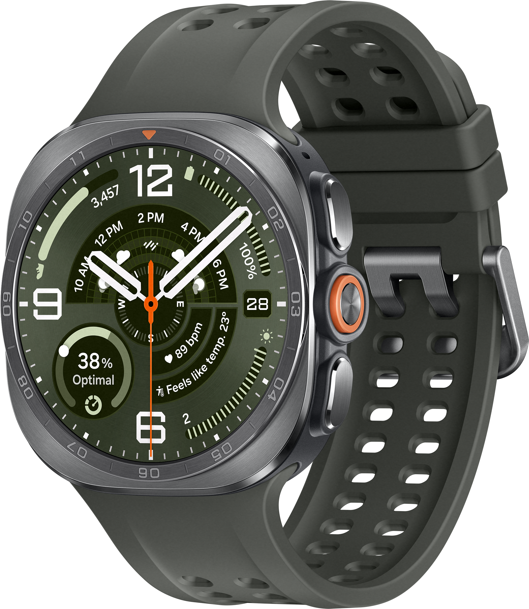 Une montre connectée grise avec cadran vert affichant l'heure, les pas et le rythme cardiaque.