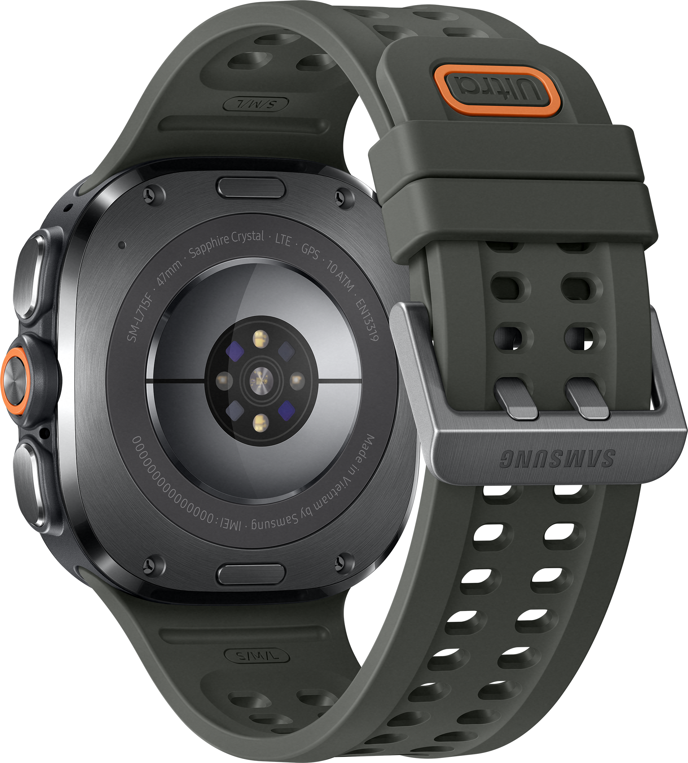 Vue arrière d'une montre connectée grise avec bracelet argenté et accents orange.