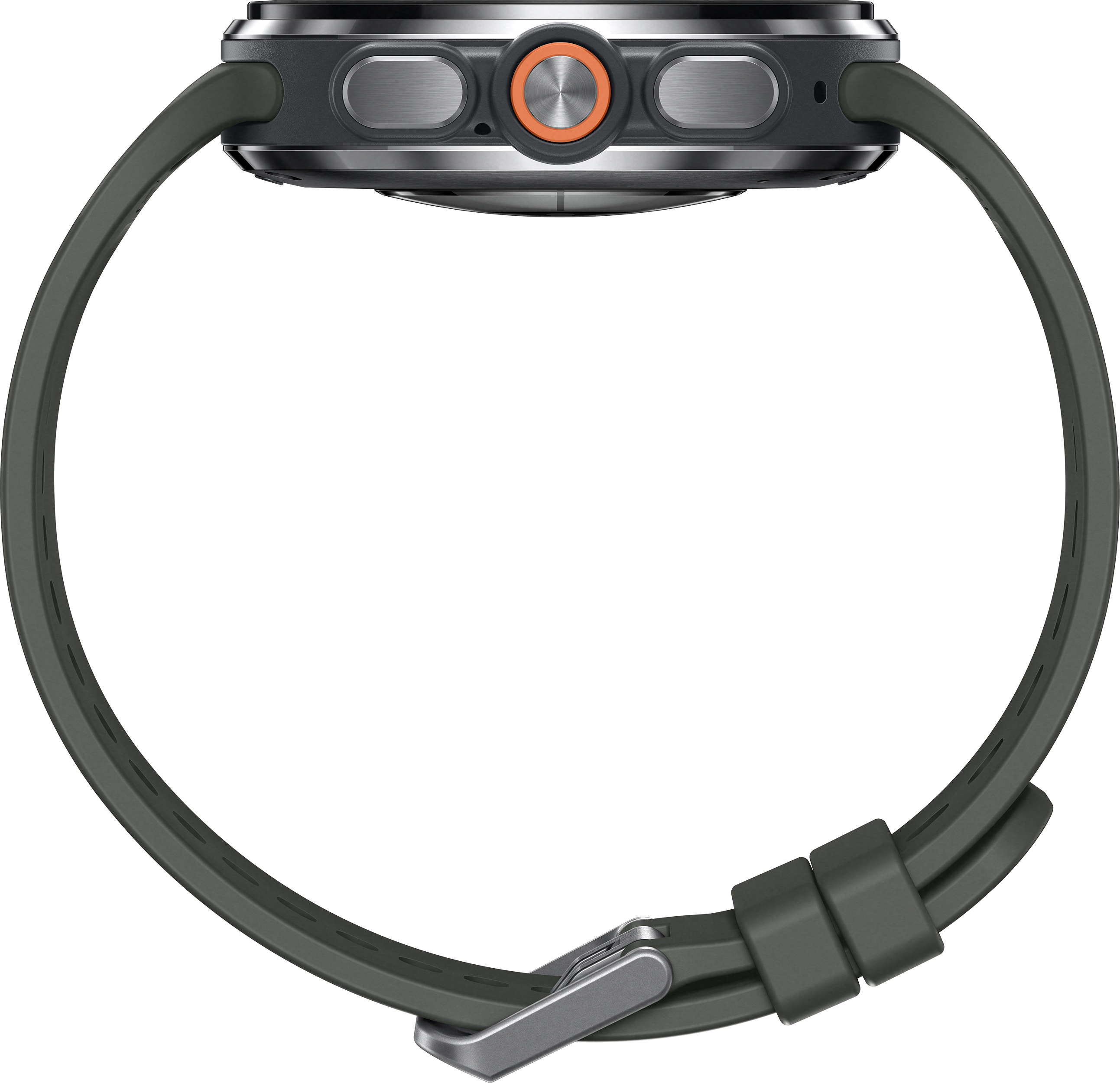 Montre intelligente grise avec bouton orange et boucle métallique sur fond noir.