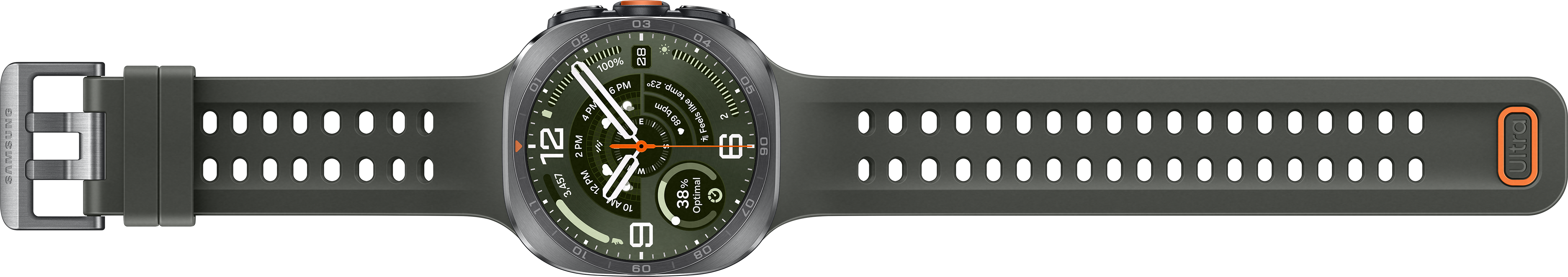 Une montre connectée vert foncé avec une lunette métallique et un bracelet gris foncé.