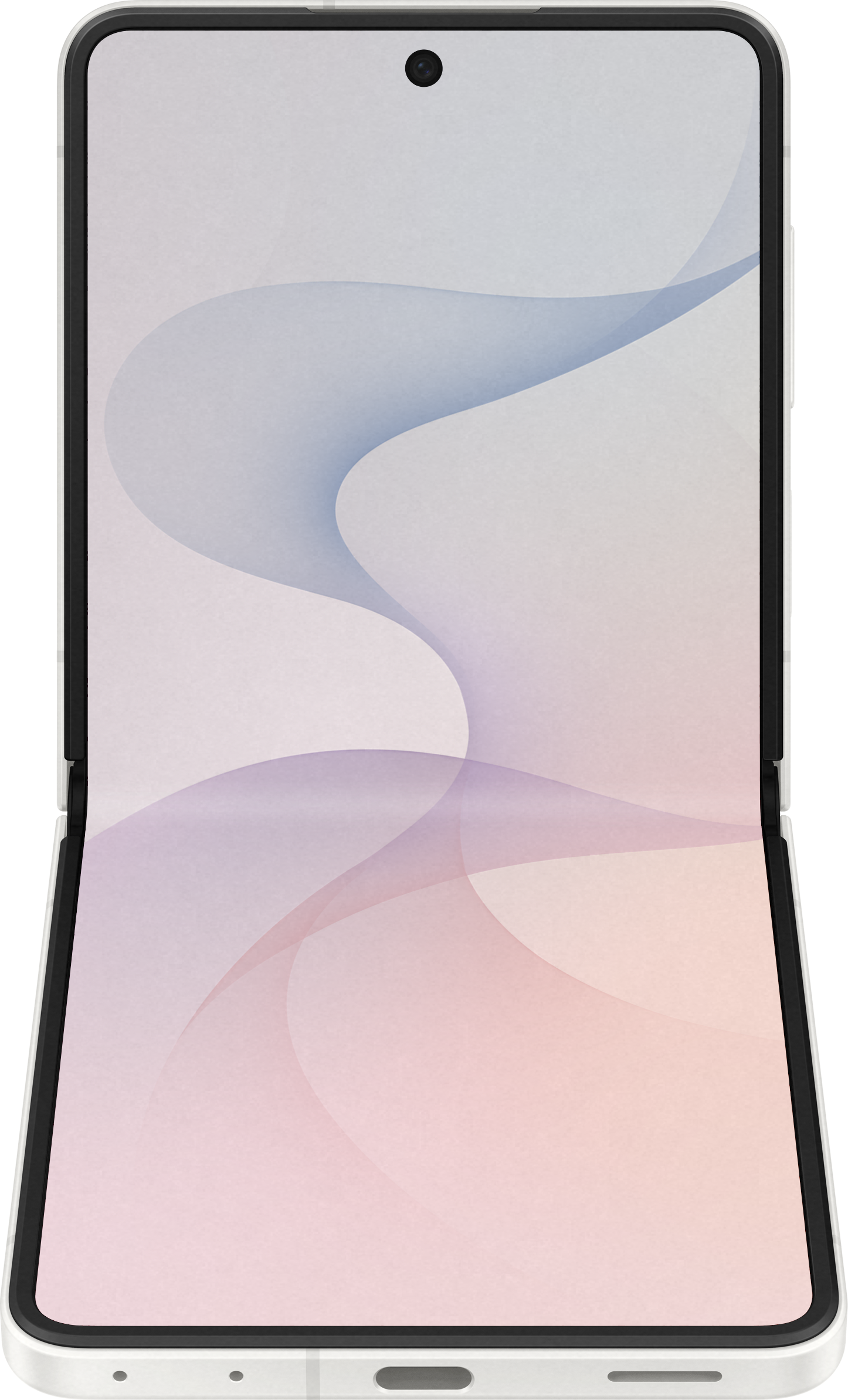 Ein offenes, weißes Smartphone mit abstraktem, pastellfarbenem Hintergrundbild.