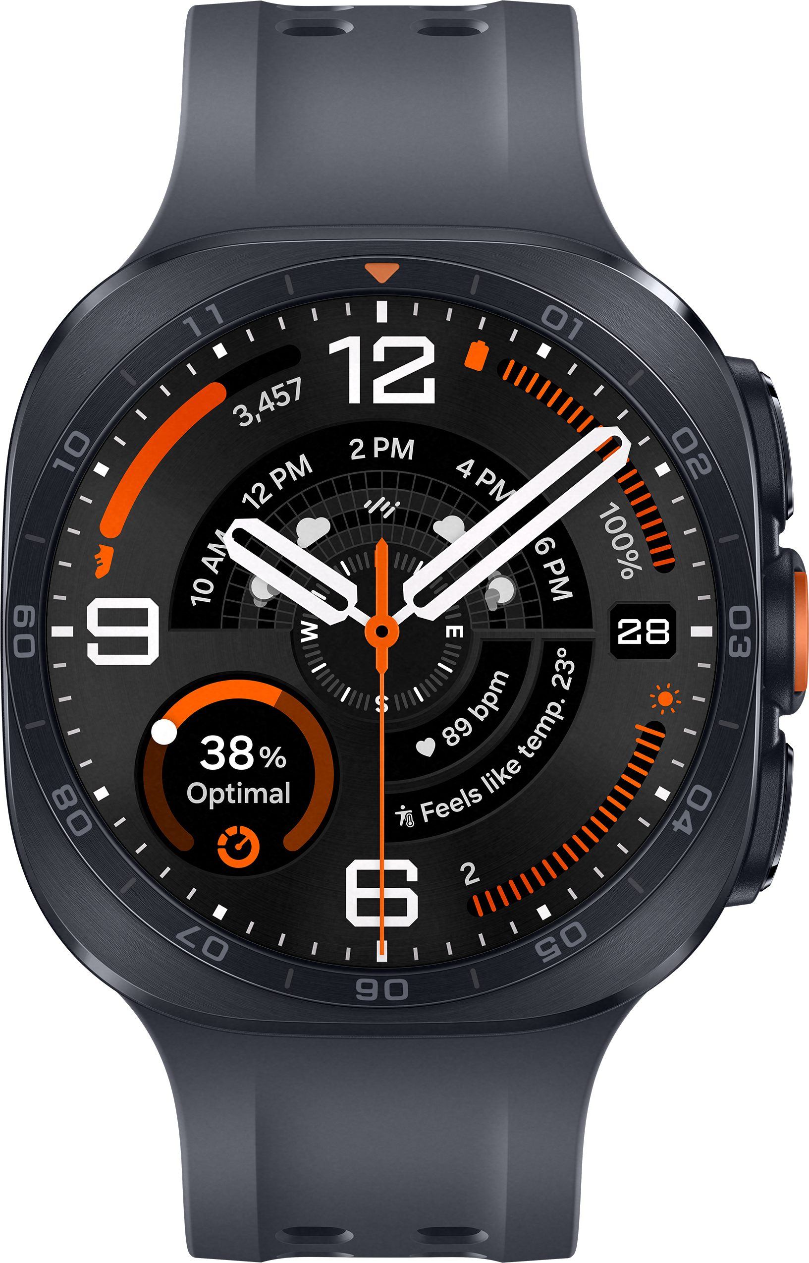 Montre connectée gris foncé avec accents orange et cadran détaillé.