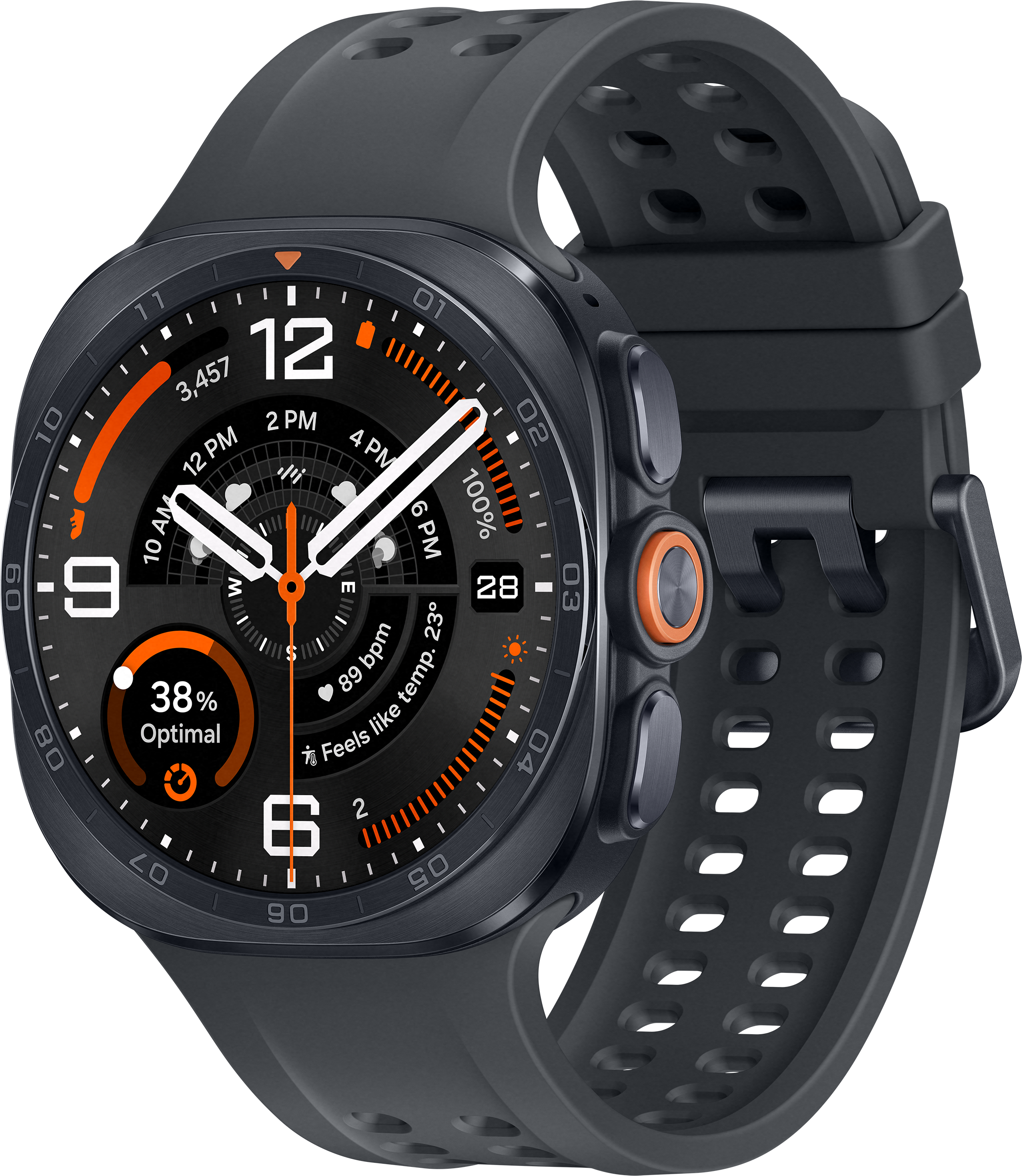 Une montre connectée foncée avec cadran noir et accents orange. Affiche l'heure et la temp.