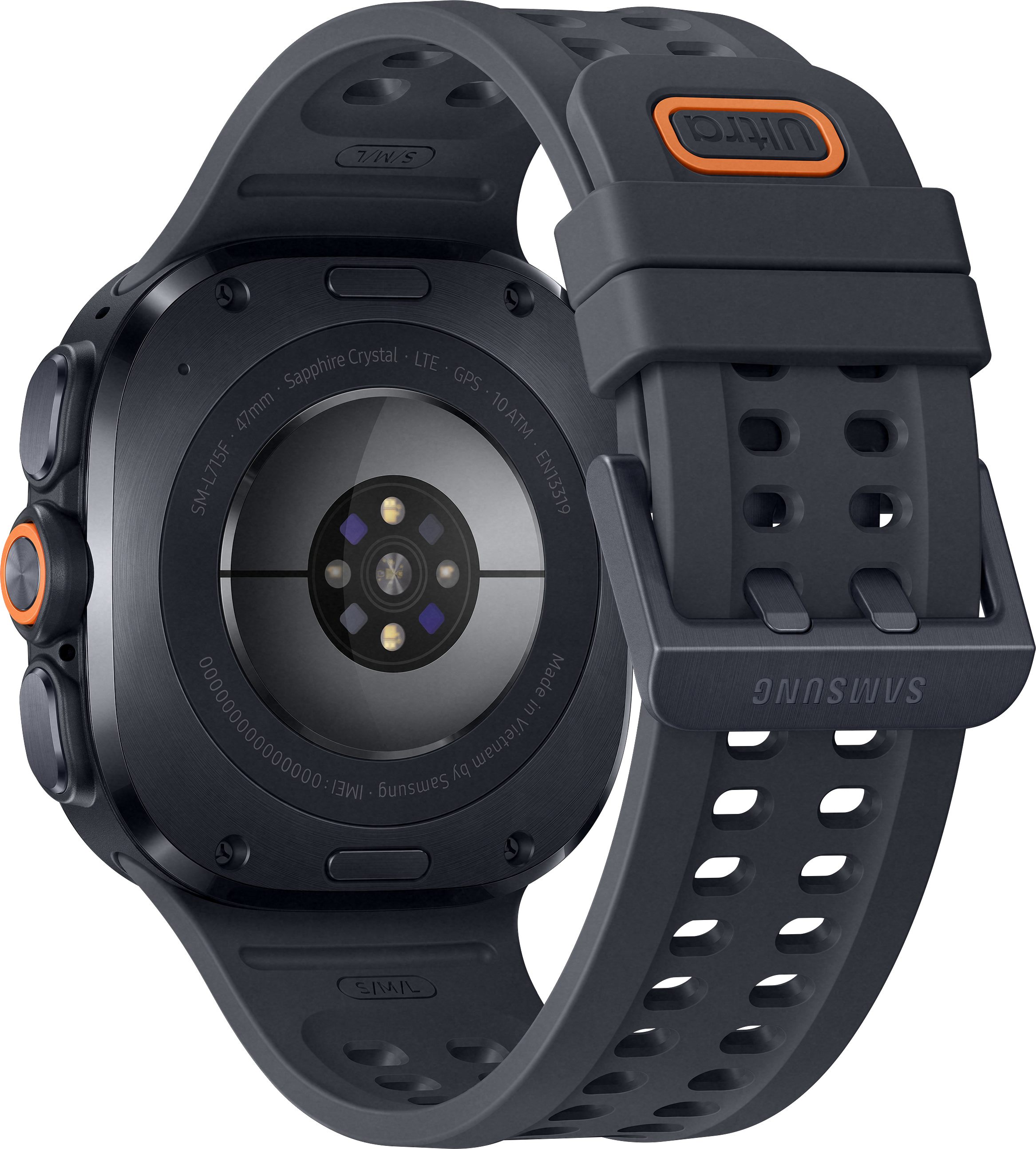 Montre connectée gris foncé avec accent et lunette orange sur fond noir.