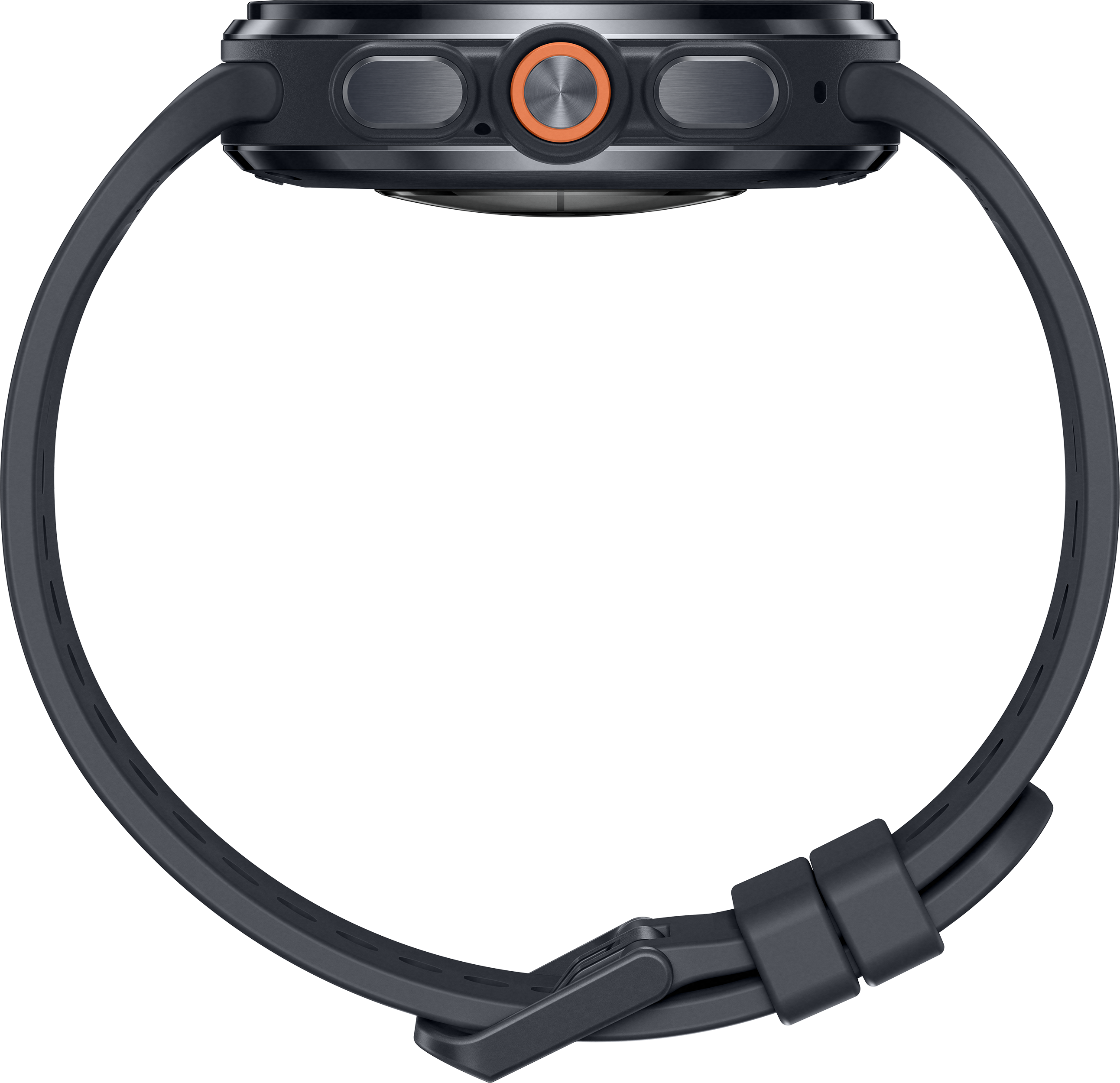 Une montre connectée sombre avec un anneau orange autour de la couronne sur fond noir.