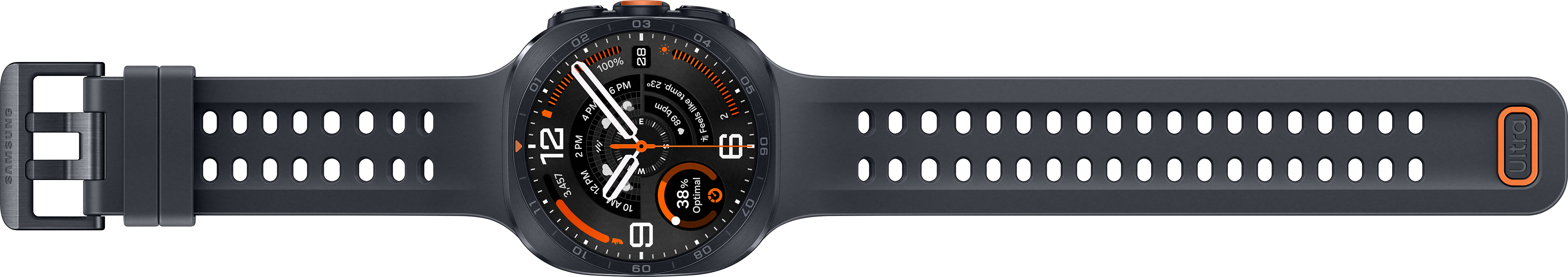 Une montre connectée sombre avec des accents orange et un bracelet.