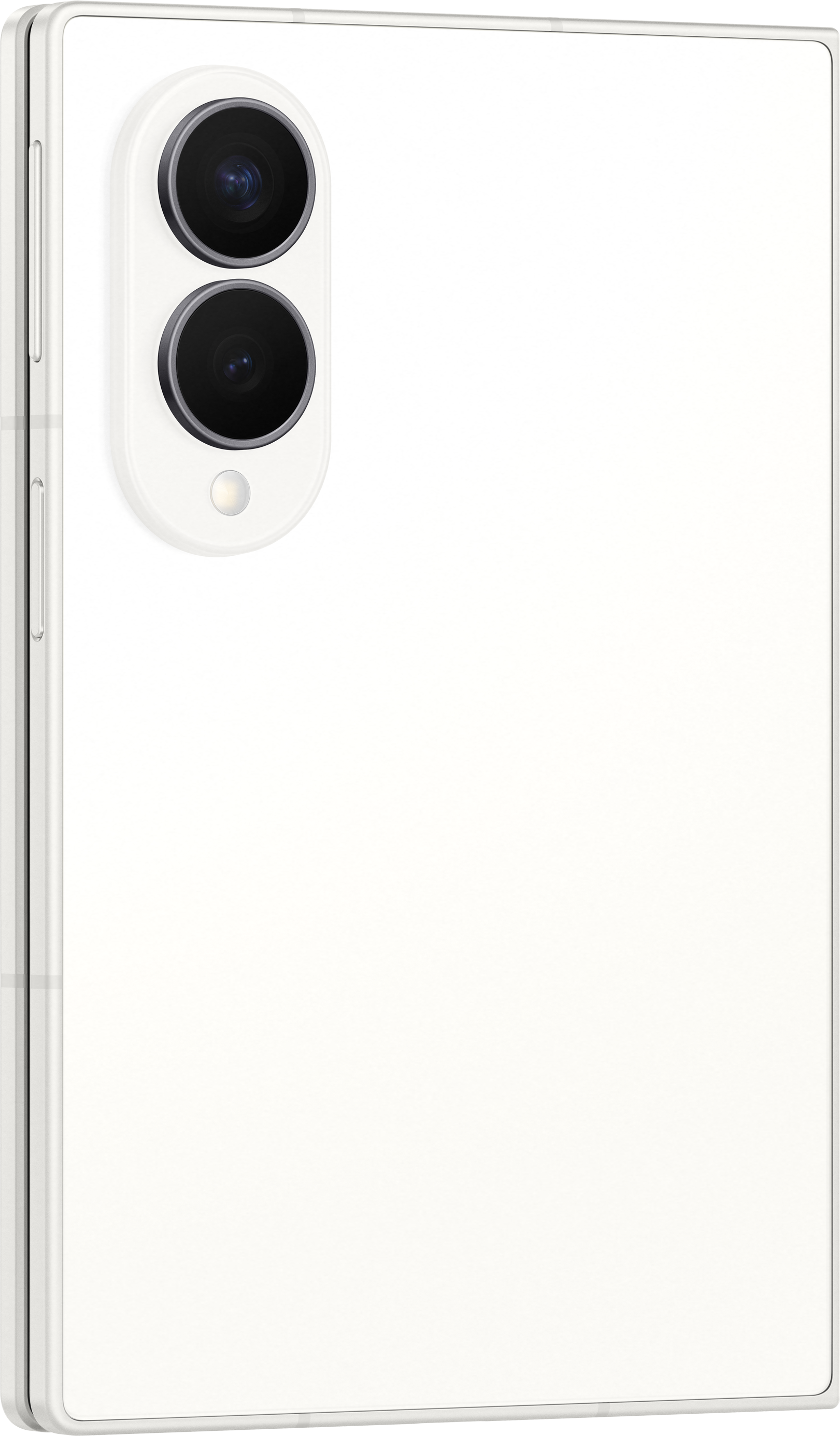 Ein weißes Smartphone mit einer vertikalen Kameraeinheit mit zwei Linsen.