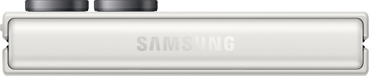 Ein weißes Samsung-Smartphone mit zwei schwarzen Knöpfen oben.