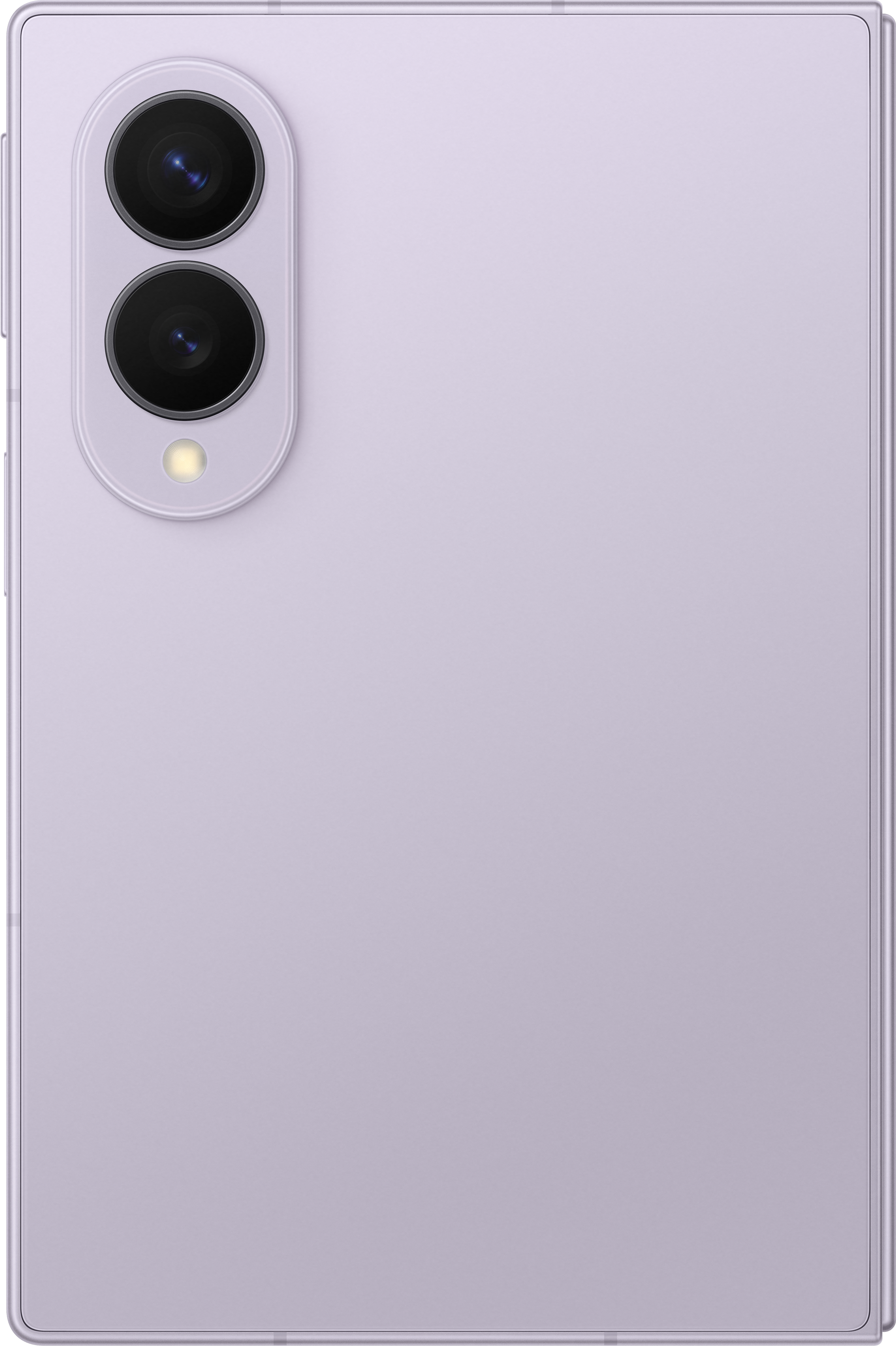 Rückseite eines hellvioletten Smartphones mit zwei Kameralinsen und einem Blitz.