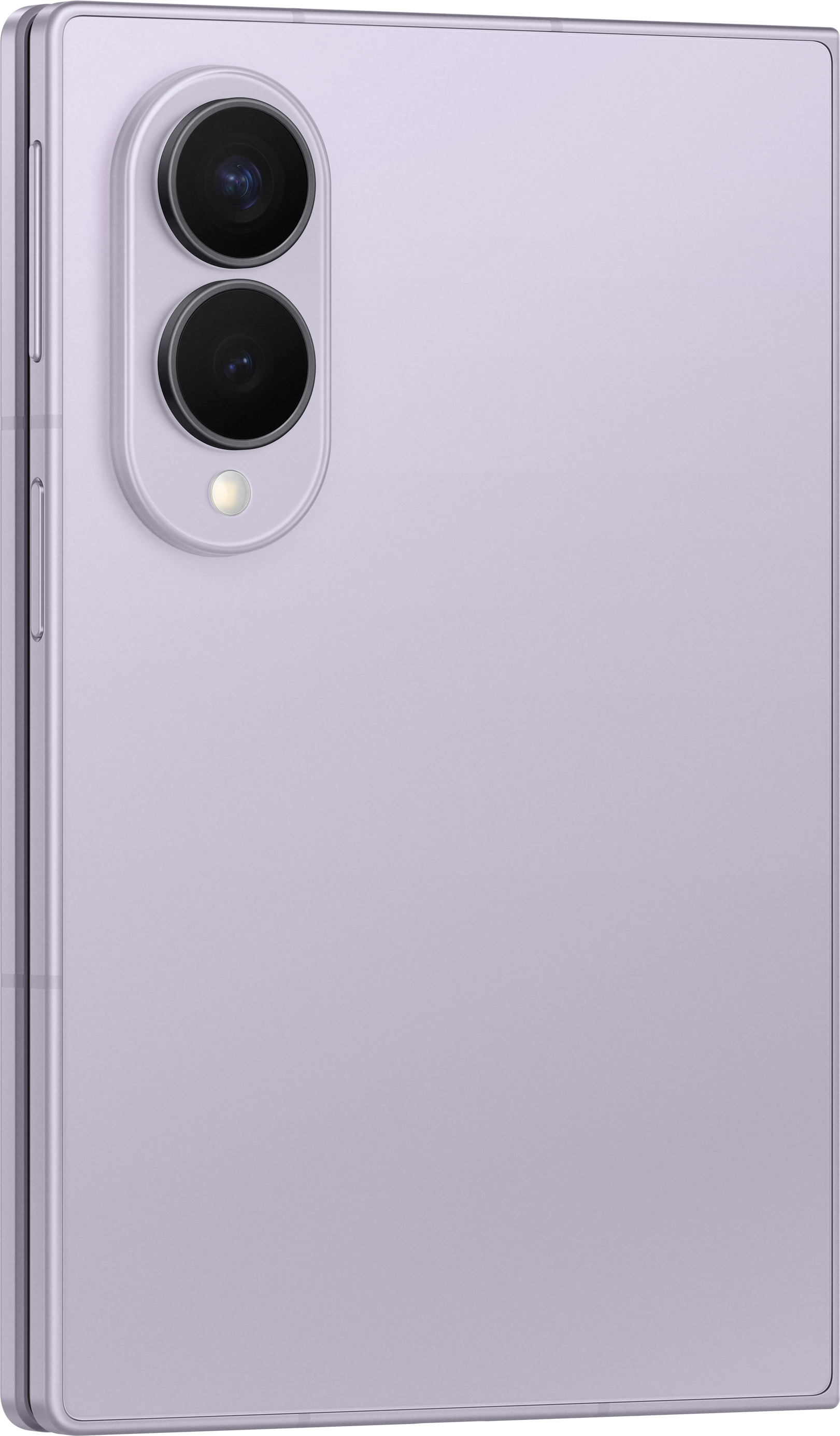 Ein lila Smartphone mit einem Kameramodul, das zwei Linsen und einen Blitz zeigt.