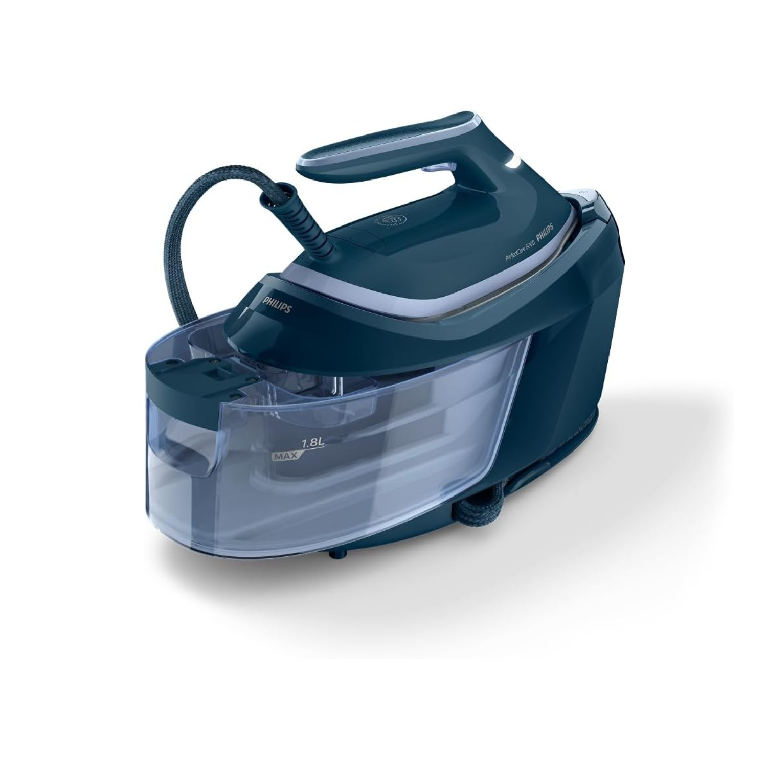 Plancha de vapor azul con depósito de agua