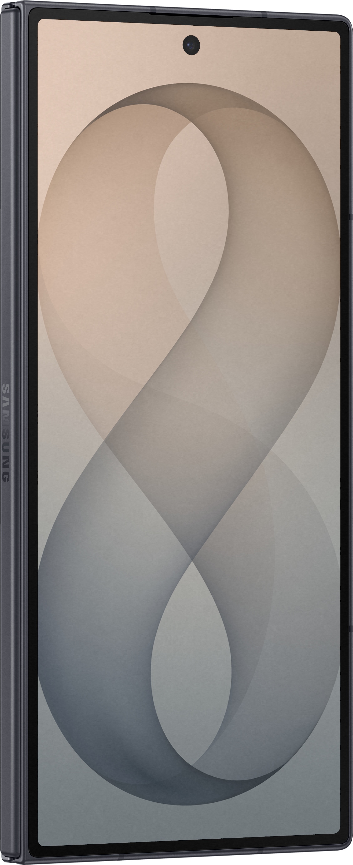 Ein Smartphone mit einem geschwungenen Hintergrund in Beige und Grau. Samsung-Logo links.