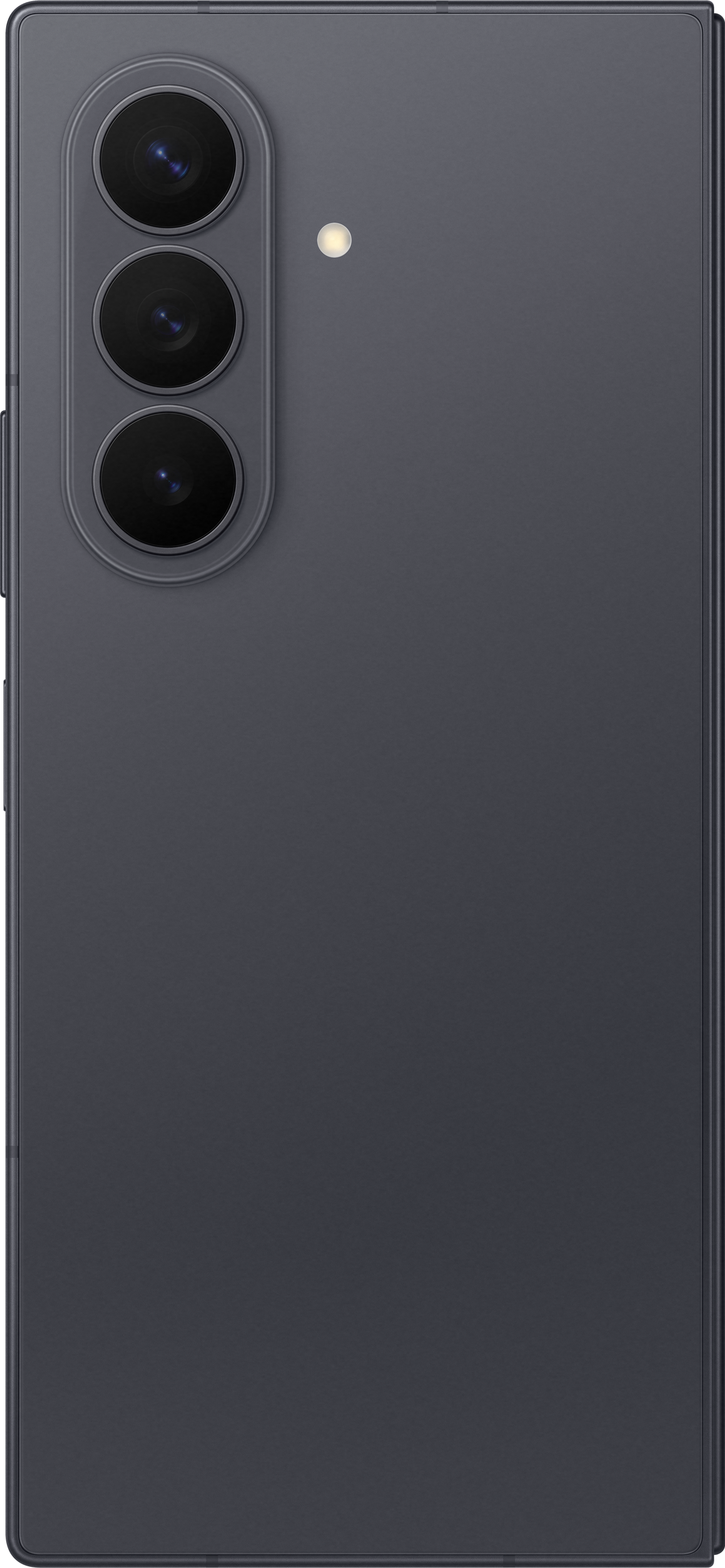 Rückseite eines dunklen Smartphones mit drei Kameralinsen und Blitz.
