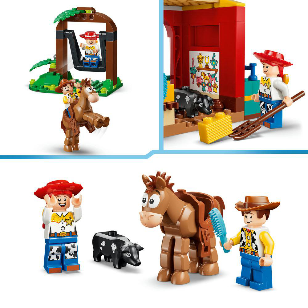 Toy Story Lego-Figuren: Cowboys, Pferde und ein Kalb in verschiedenen Szenen.