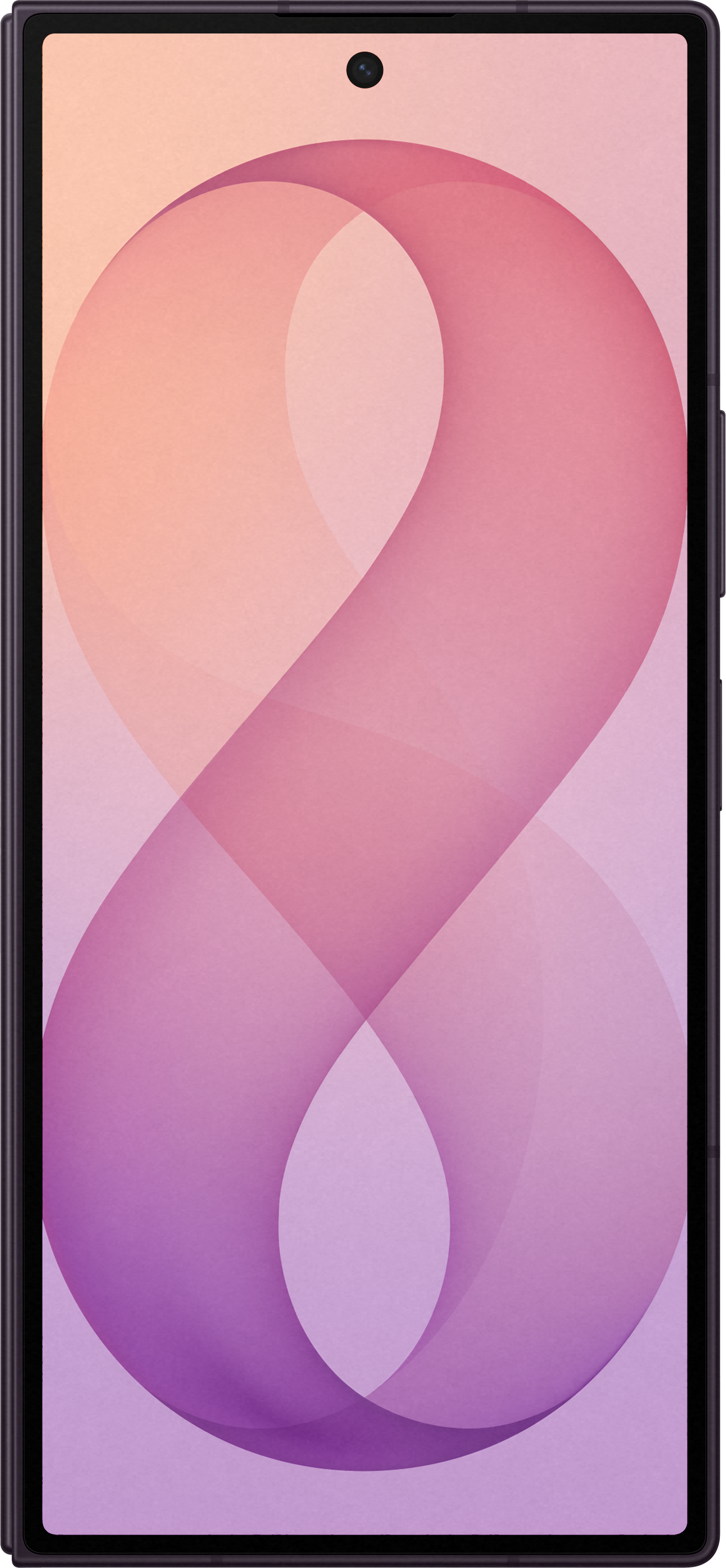 Ein Smartphone zeigt einen abstrakten Hintergrund mit einer Acht in Rosa- und Violetttönen.