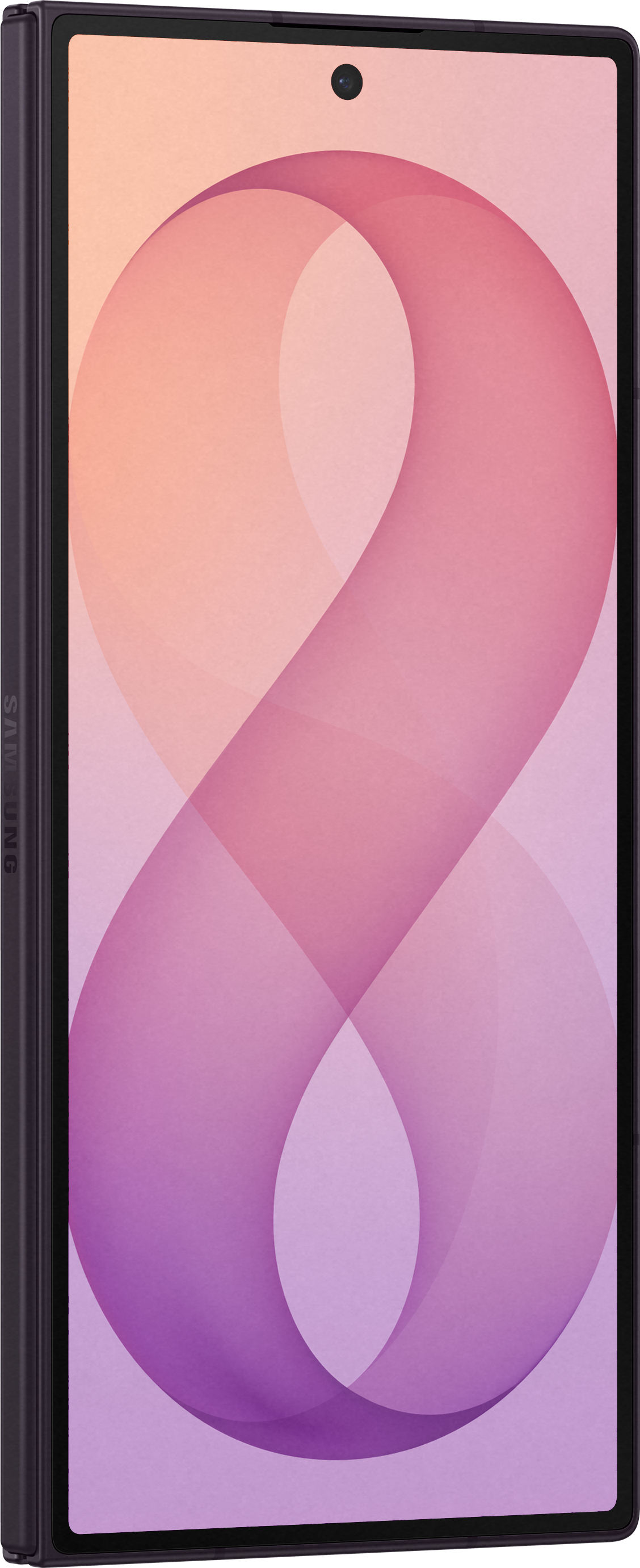Ein violettes Smartphone mit einem abstrakten rosa und orangefarbenen Hintergrund.