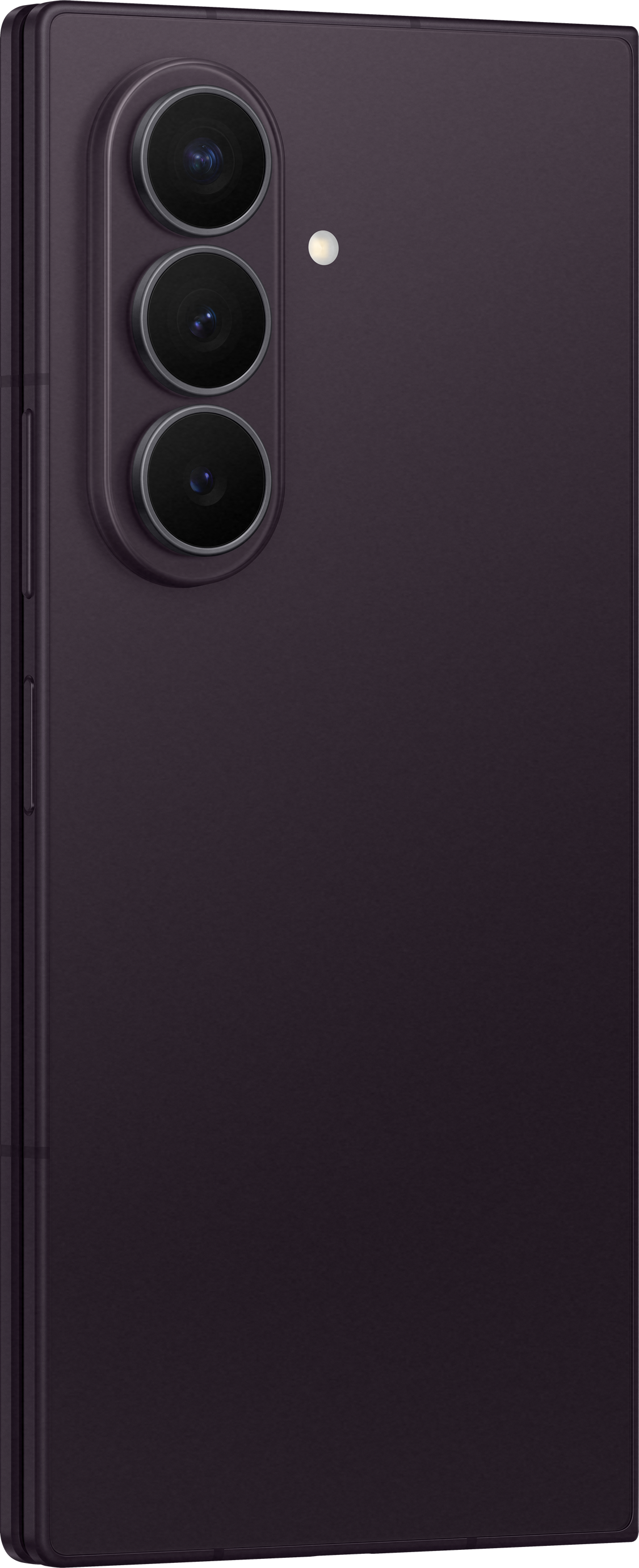 Dunkles Smartphone mit drei Kameras und einem Blitz auf der Rückseite.