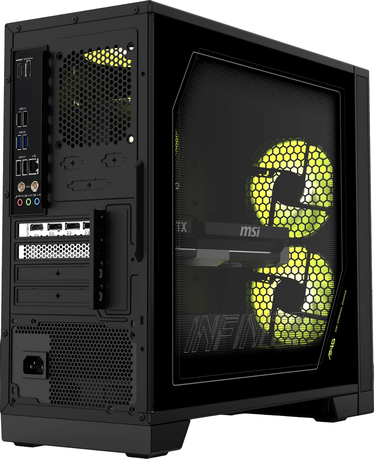 Caja de PC negra con ventana transparente que muestra ventiladores amarillos.